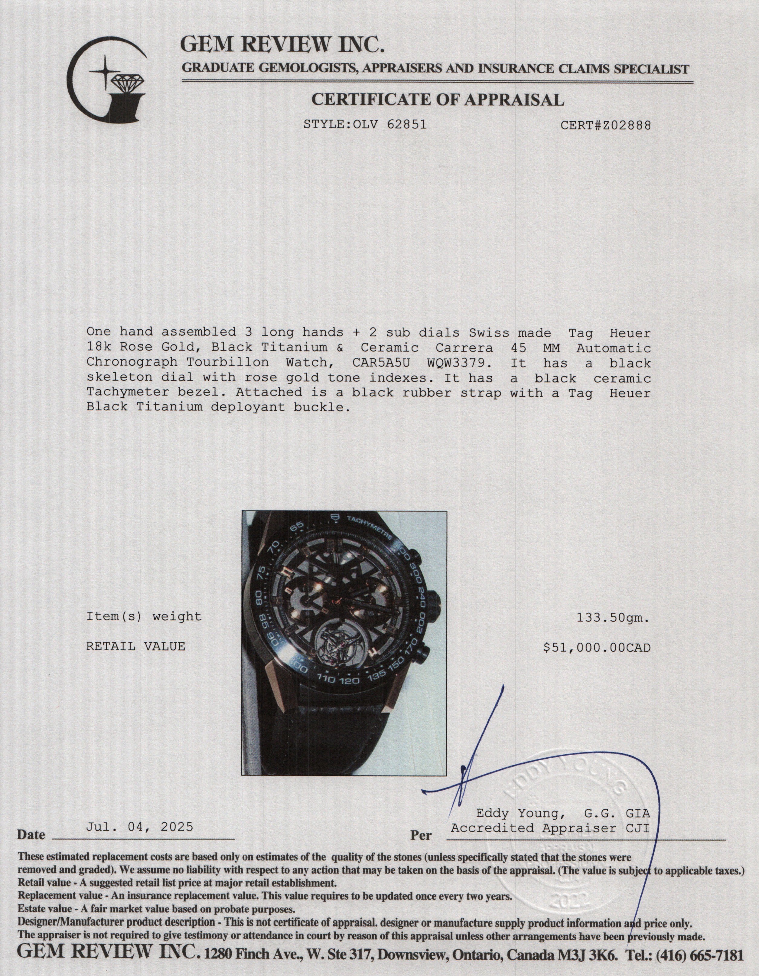 Tag Heuer 18k Rose Gold, Black Titanium & Ceramic Carrera 45 MM Automatic Chronograph Tourbillon Watch CAR5A5U w/ Box & Papers