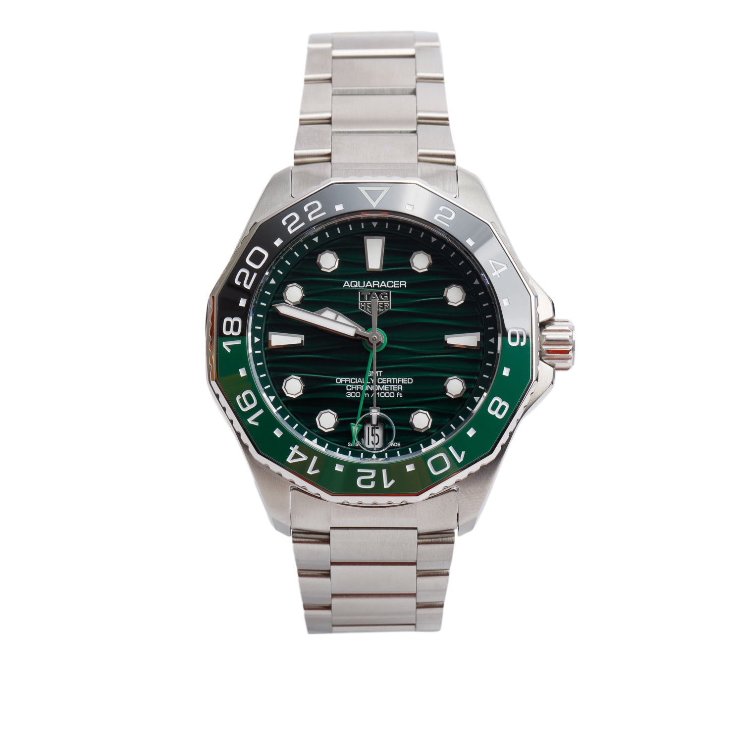 Tag Heuer 2025 Stainless Steel Aquaracer Professional 300M GMT 42 MM Automatic Watch Green Dial WBP5115 w/ Box, Receipt & Papers
