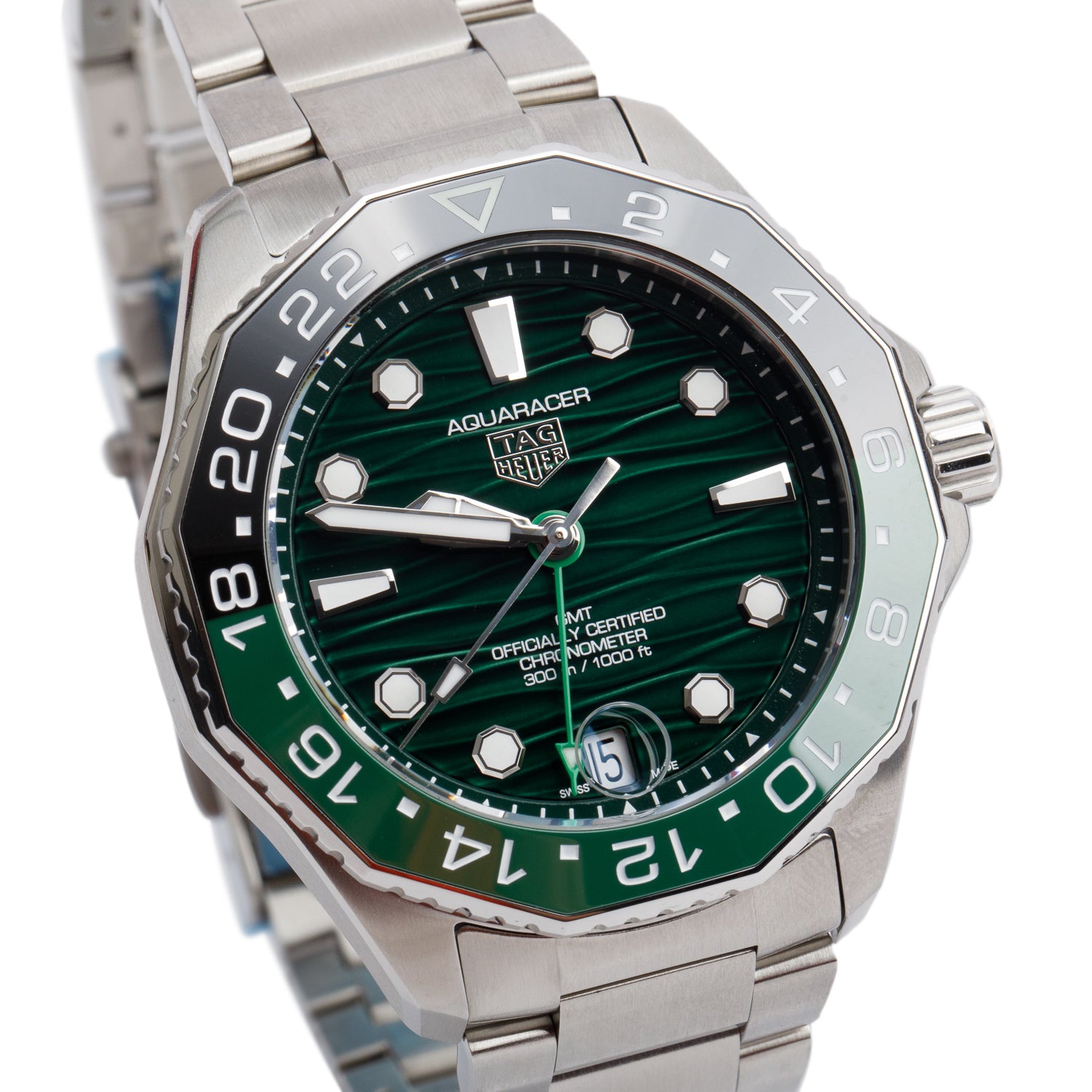 Tag Heuer 2025 Stainless Steel Aquaracer Professional 300M GMT 42 MM Automatic Watch Green Dial WBP5115 w/ Box, Receipt & Papers