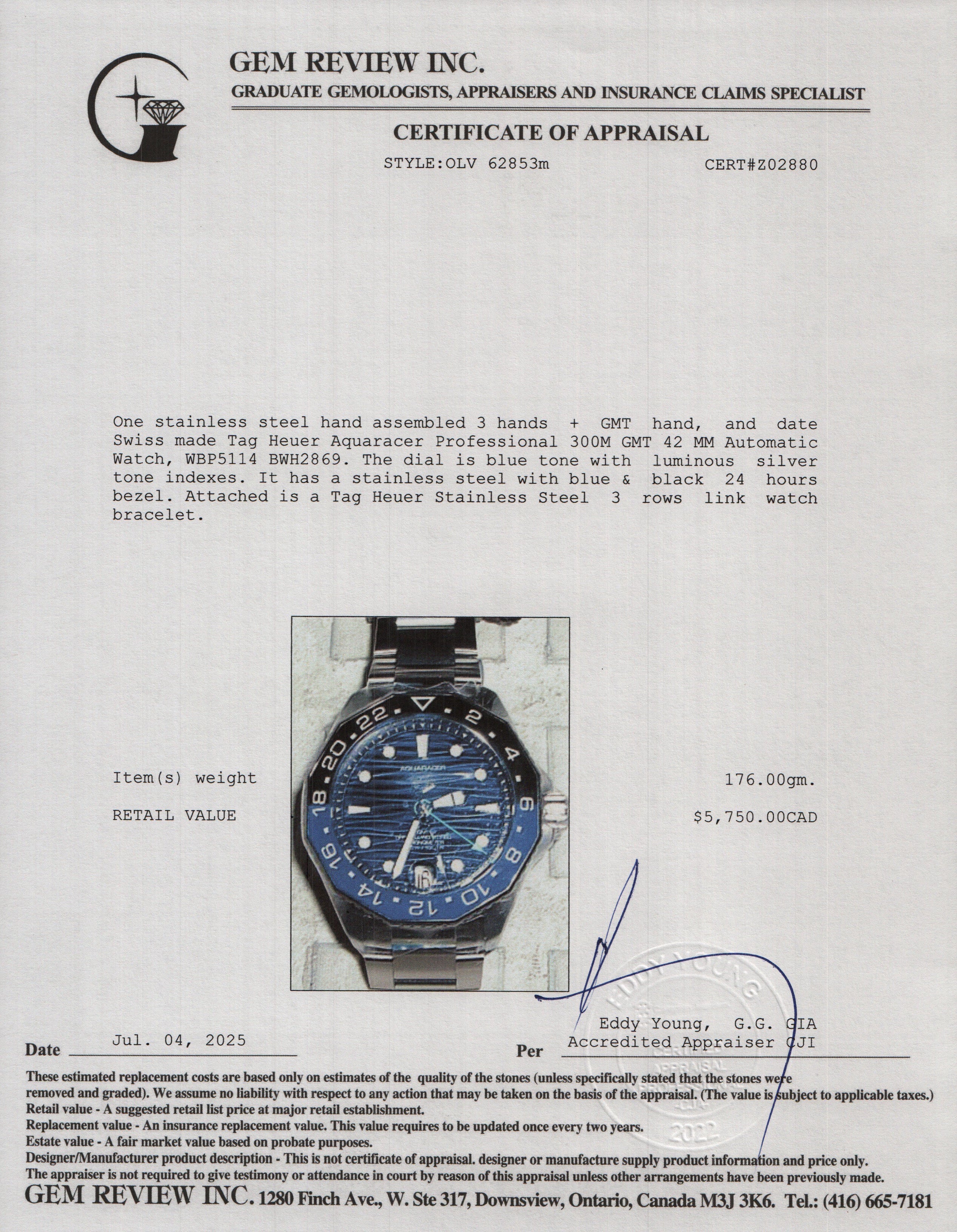 Tag Heuer Stainless Steel Aquaracer Professional 300M GMT 42 MM Automatic Watch Blue Dial WBP5114 w/ Box & Papers