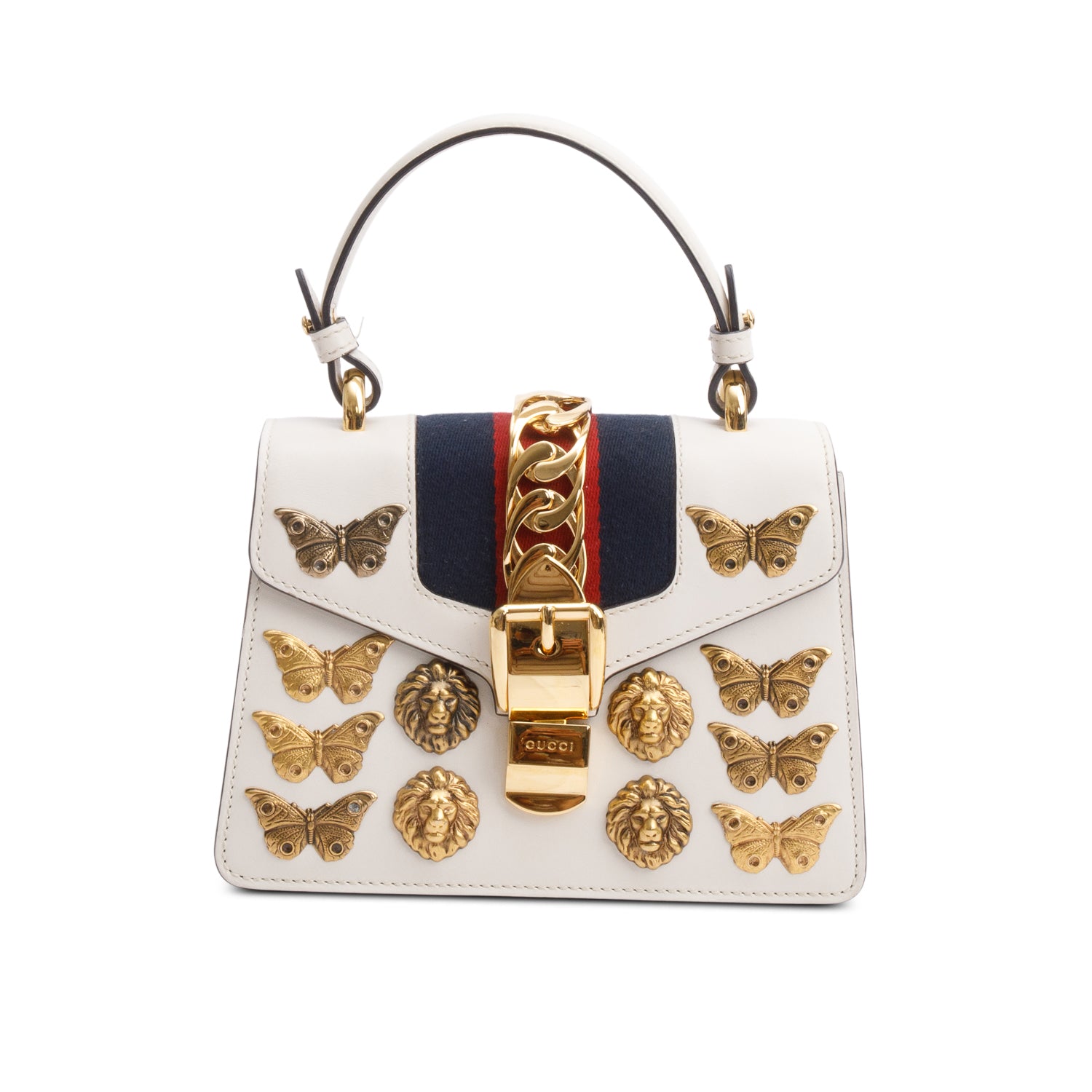 Gucci White Calfskin Leather Web Animal Studs Mini Sylvie Top Handle Bag w/ Straps & Box