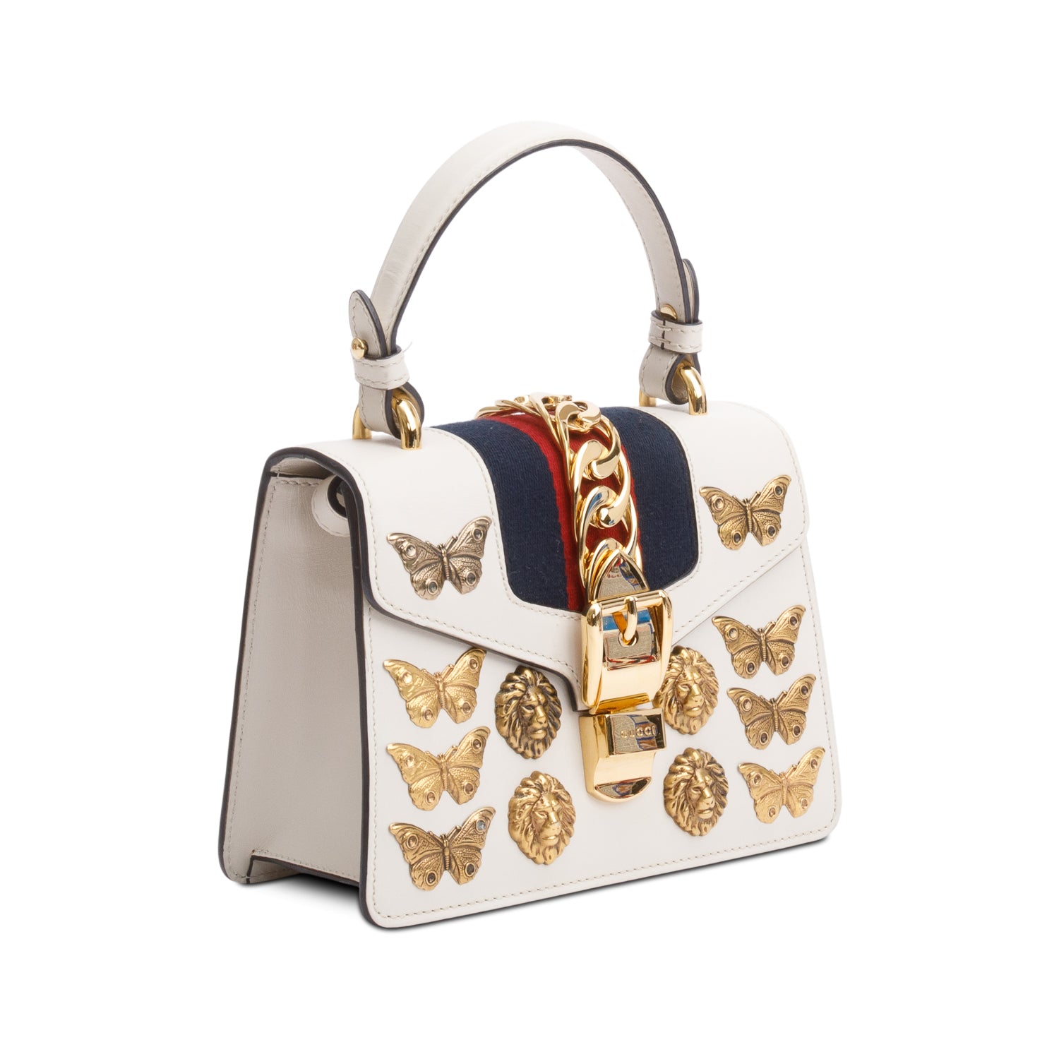 Gucci White Calfskin Leather Web Animal Studs Mini Sylvie Top Handle Bag w/ Straps & Box