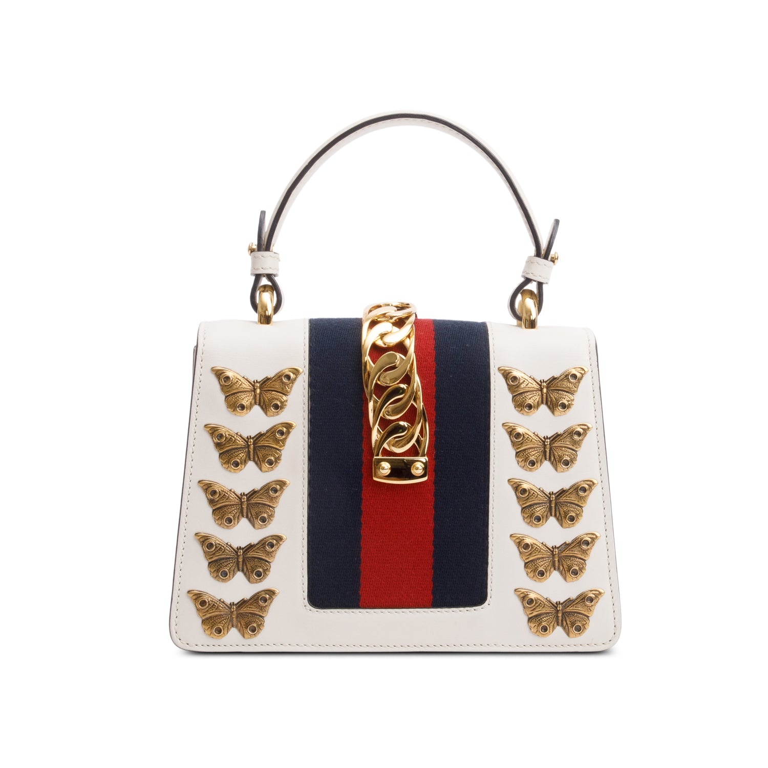Gucci White Calfskin Leather Web Animal Studs Mini Sylvie Top Handle Bag w/ Straps & Box