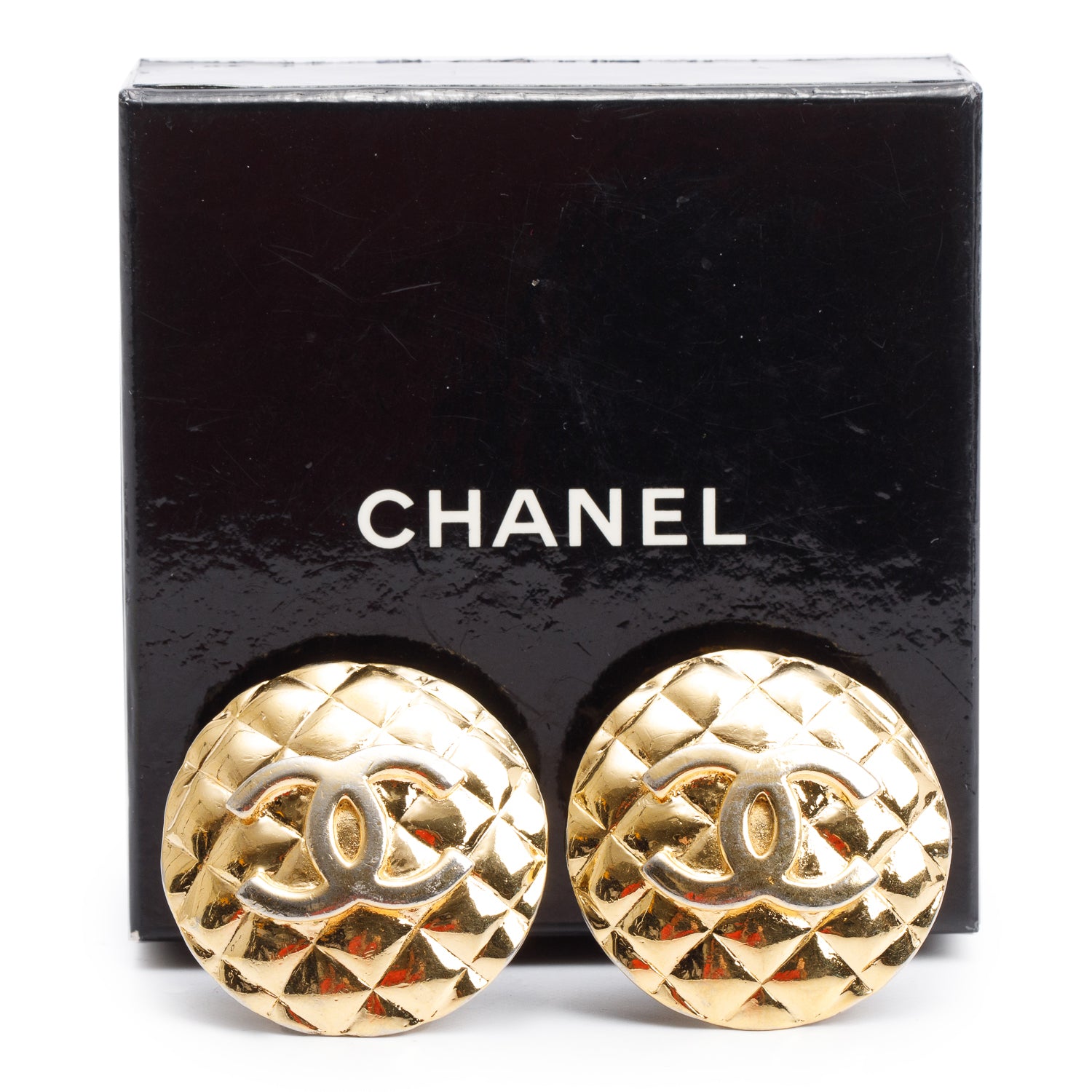 Chanel Vintage Gold Plated CC Quilted Round Clip-On Earrings w/ Box