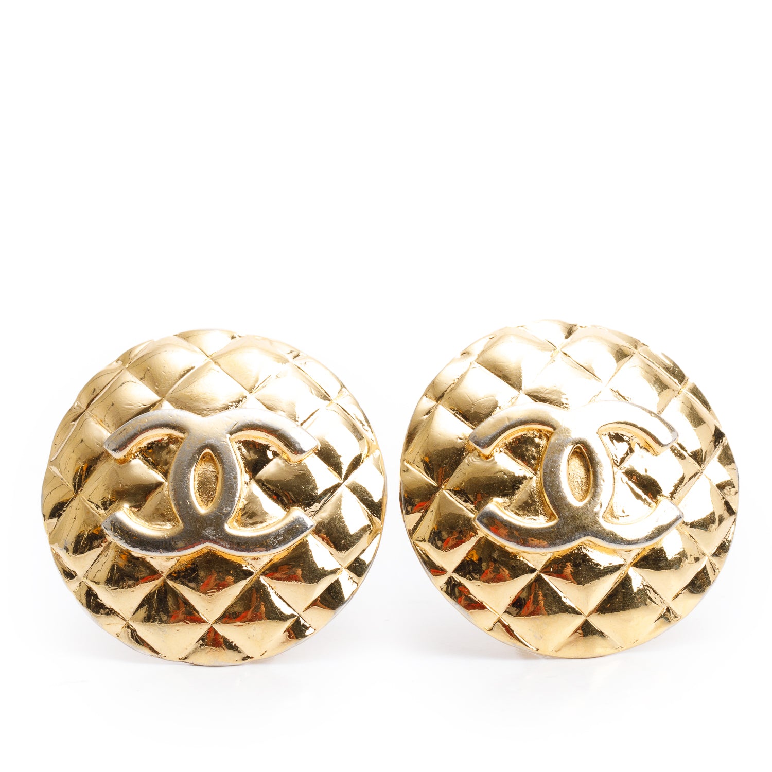 Chanel Vintage Gold Plated CC Quilted Round Clip-On Earrings w/ Box