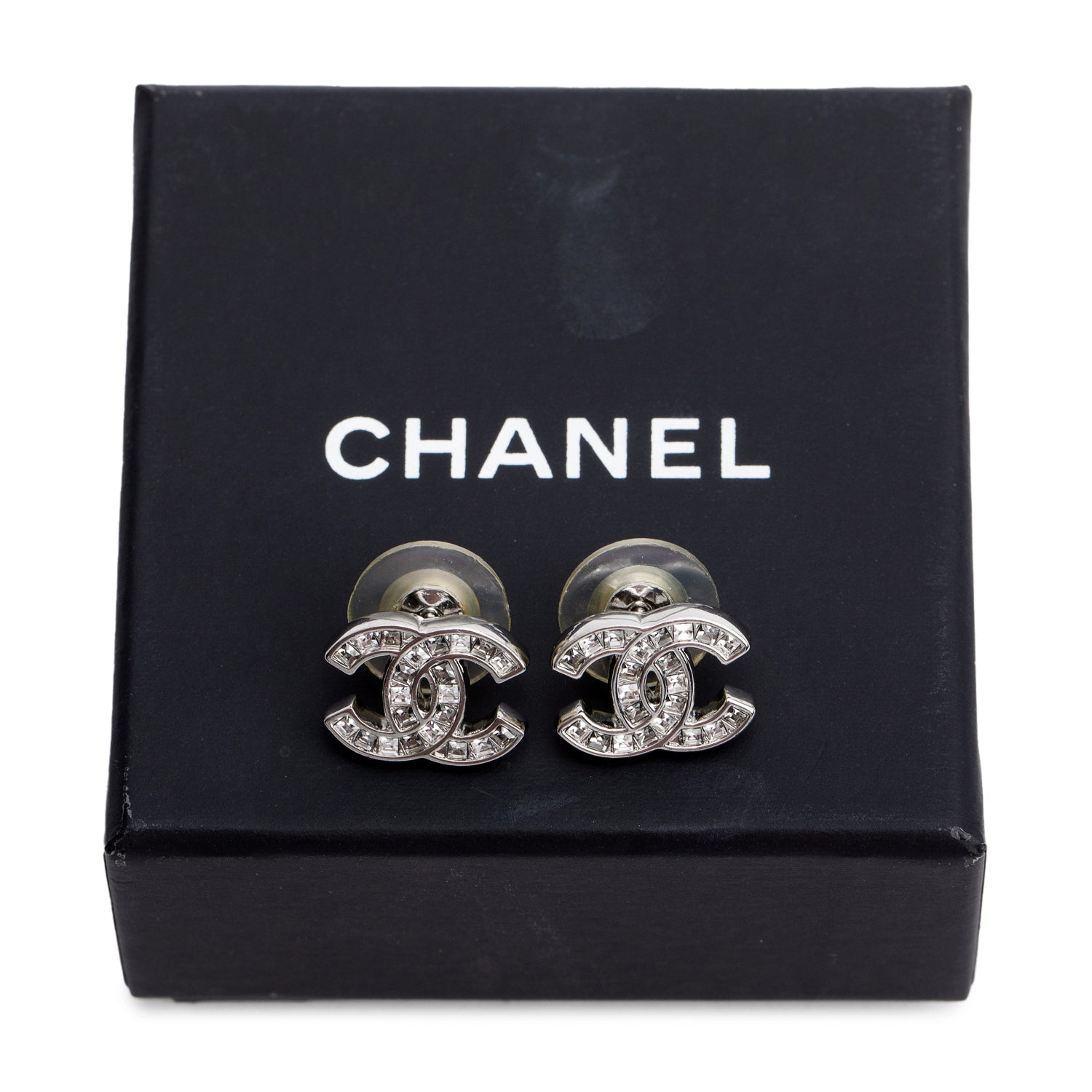 Chanel 2020 Palladium-Plated Strass CC Stud Earrings w/ Box