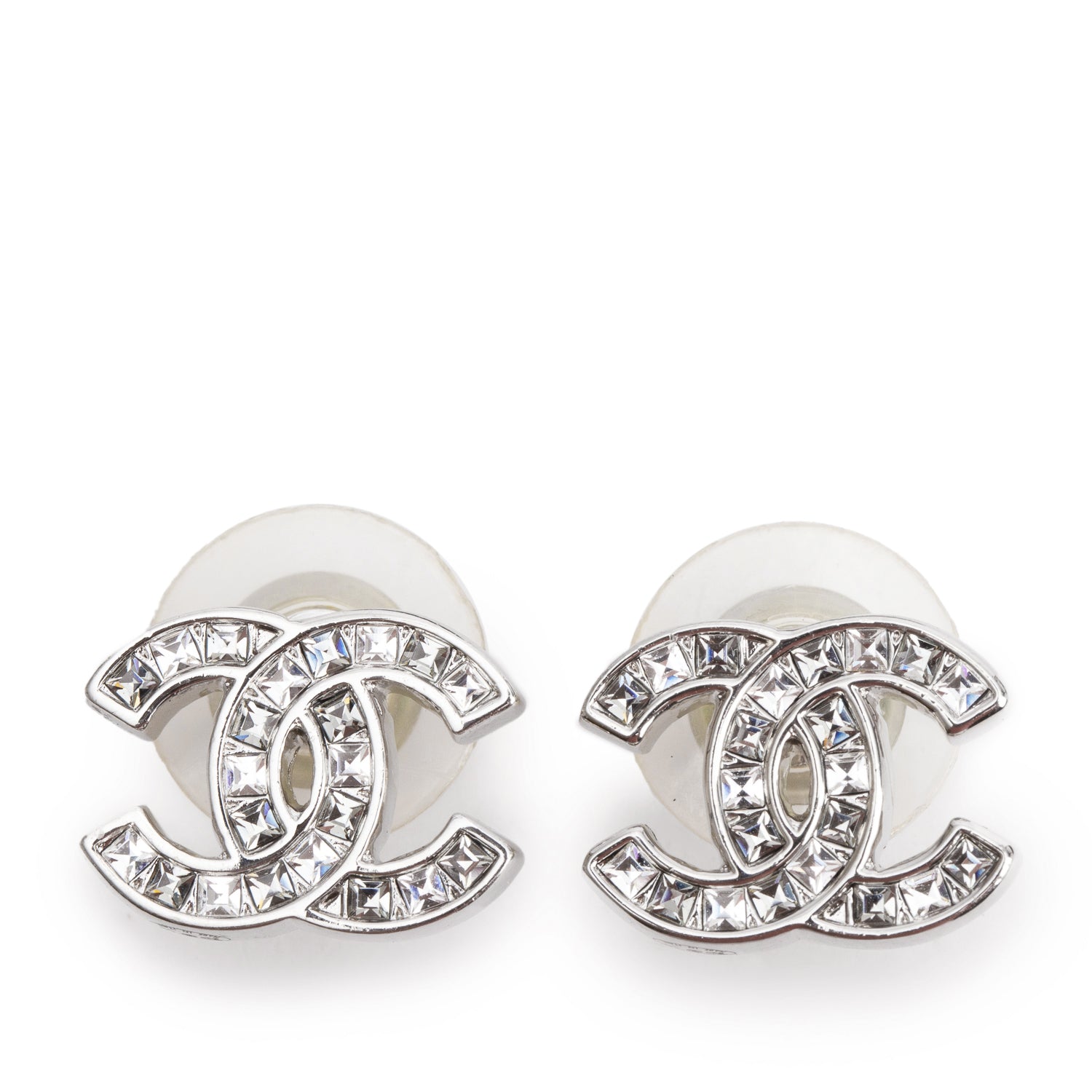Chanel 2020 Palladium-Plated Strass CC Stud Earrings w/ Box