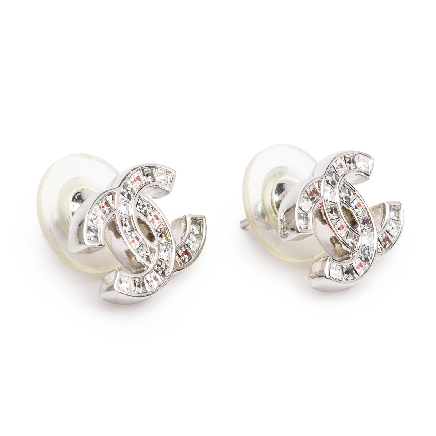 Chanel 2020 Palladium-Plated Strass CC Stud Earrings w/ Box