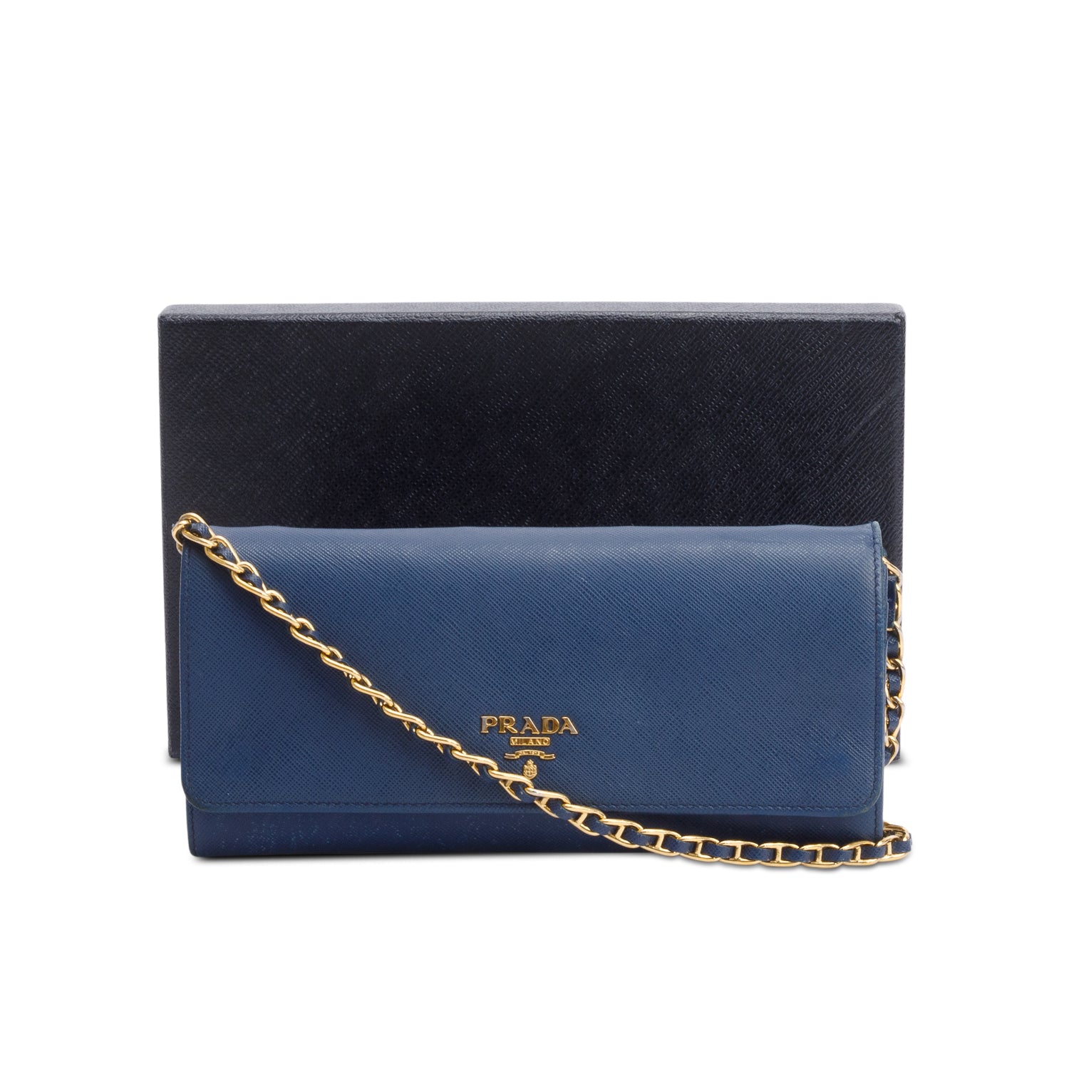 Prada Blue Saffiano Metal Continental Wallet on Chain w/ Box & Authenticity Card