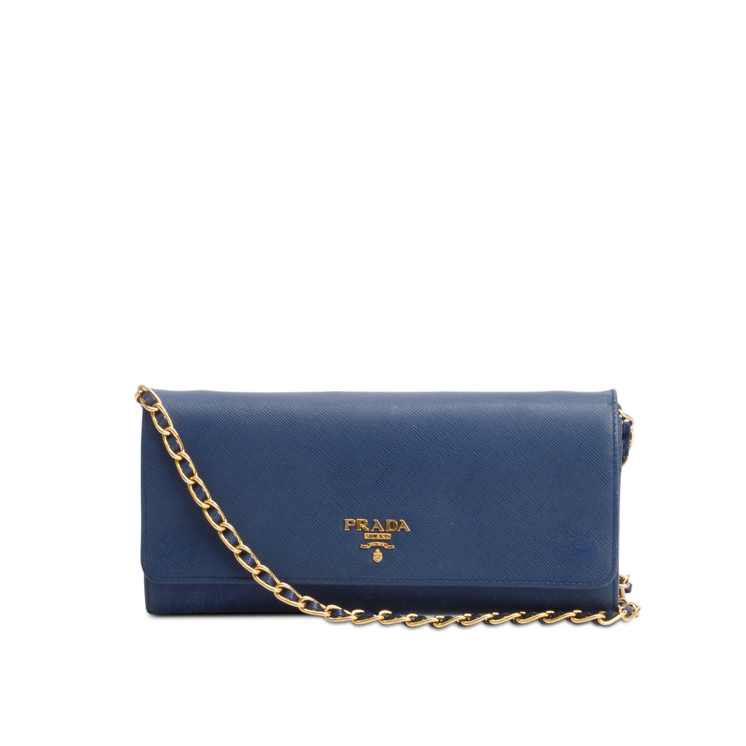 Prada Blue Saffiano Metal Continental Wallet on Chain w/ Box & Authenticity Card