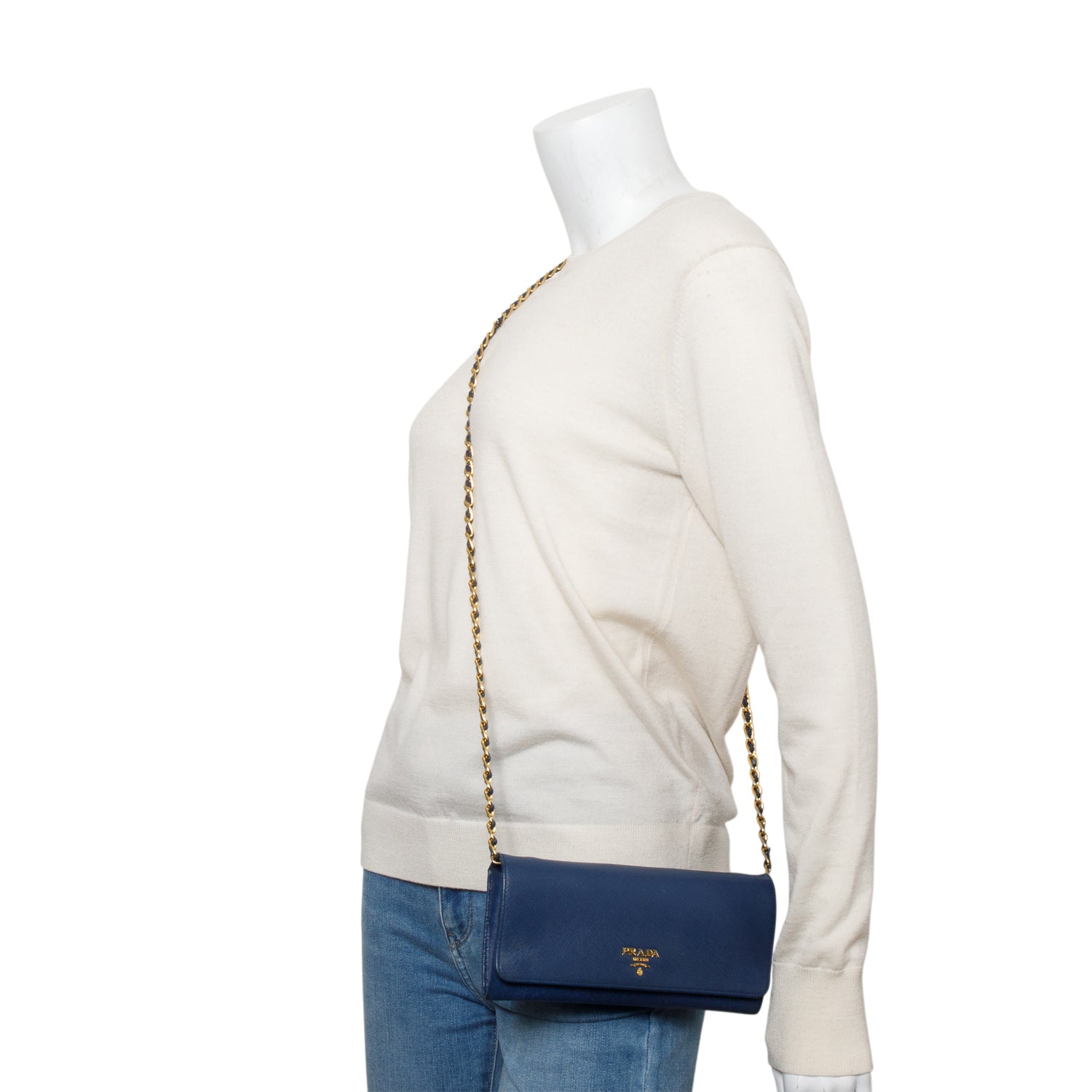 Prada Blue Saffiano Metal Continental Wallet on Chain w/ Box & Authenticity Card