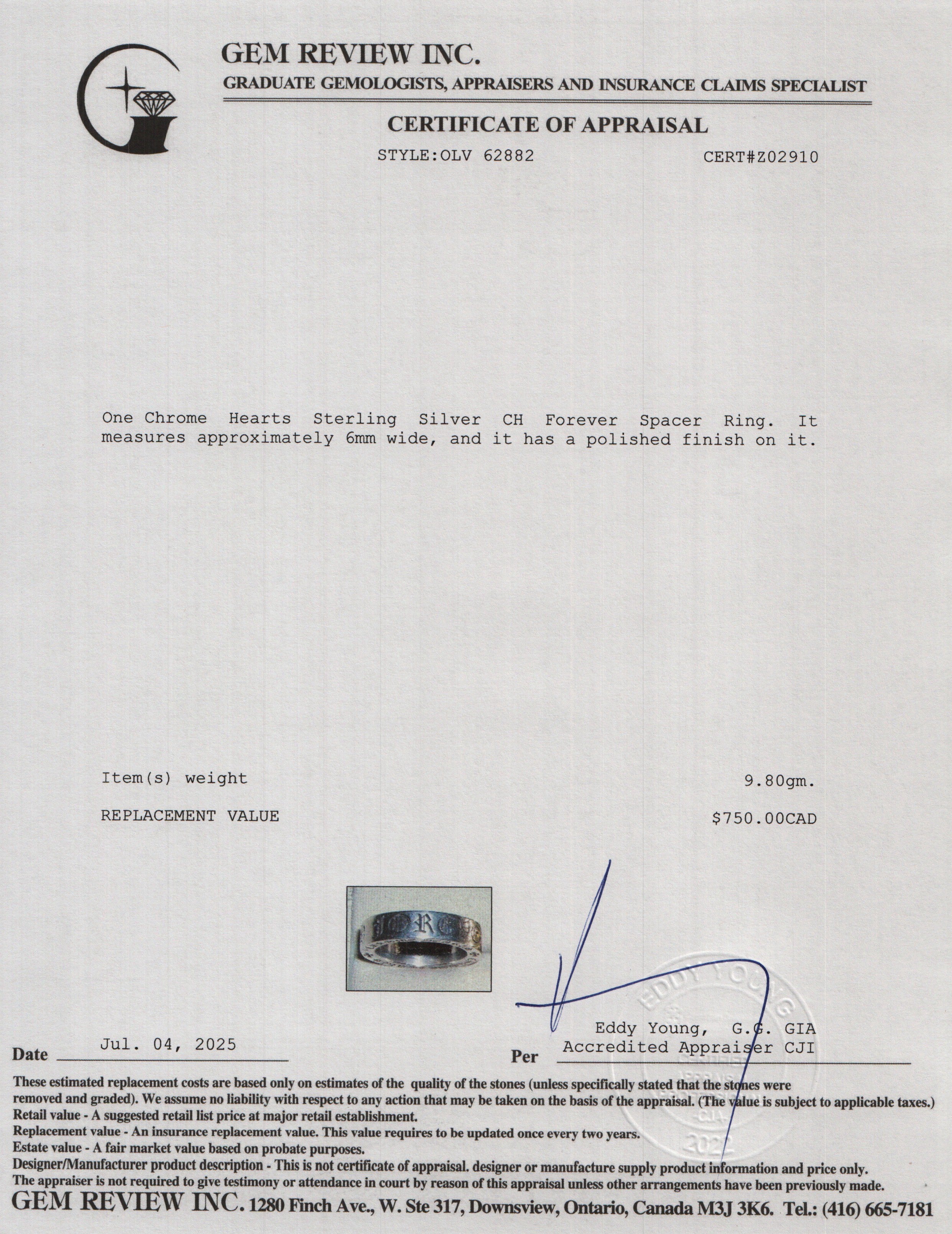 Chrome Hearts Sterling Silver CH Forever Spacer 6 MM Band Ring, Size 7 w/ Receipt