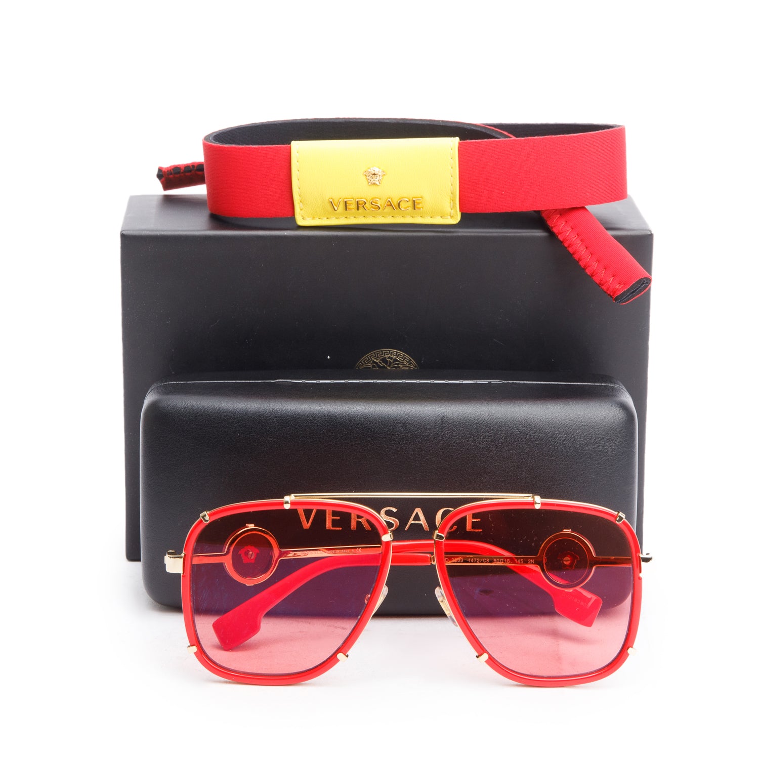 Versace 2233 Gold Tone Metal Red Acetate Medusa Navigator Aviator Sunglasses w/ Box & Case