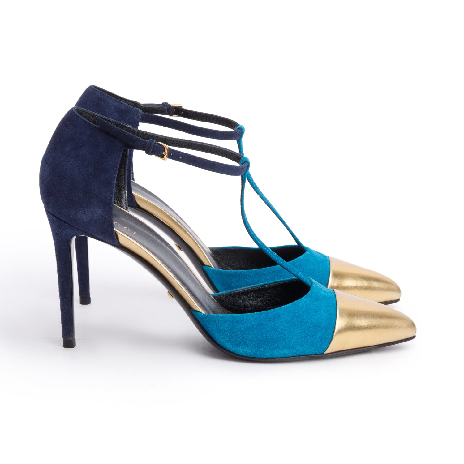Gucci Tricolor Leather & SuedeT Strap Pumps, Size 38 w/ Box