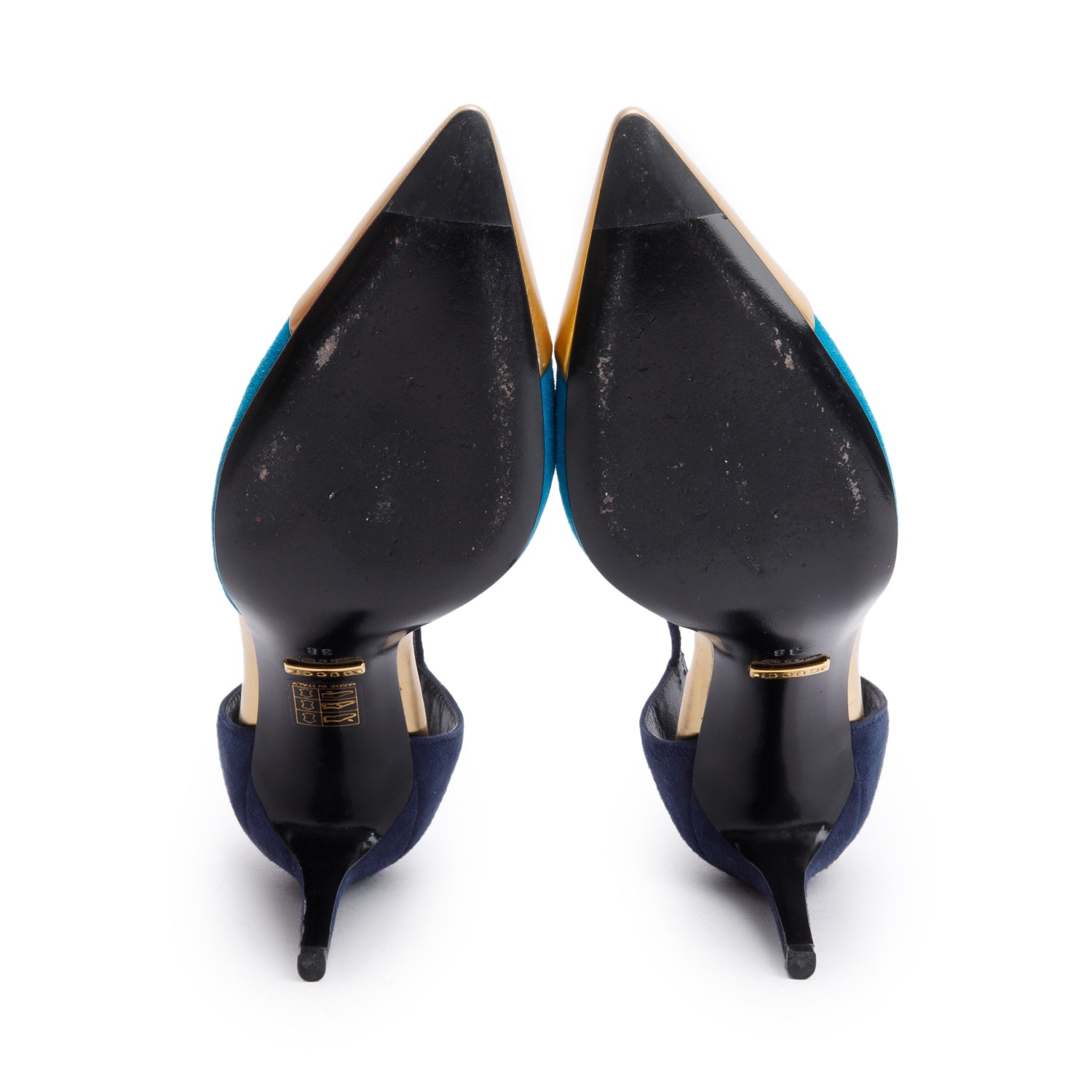 Gucci Tricolor Leather & SuedeT Strap Pumps, Size 38 w/ Box