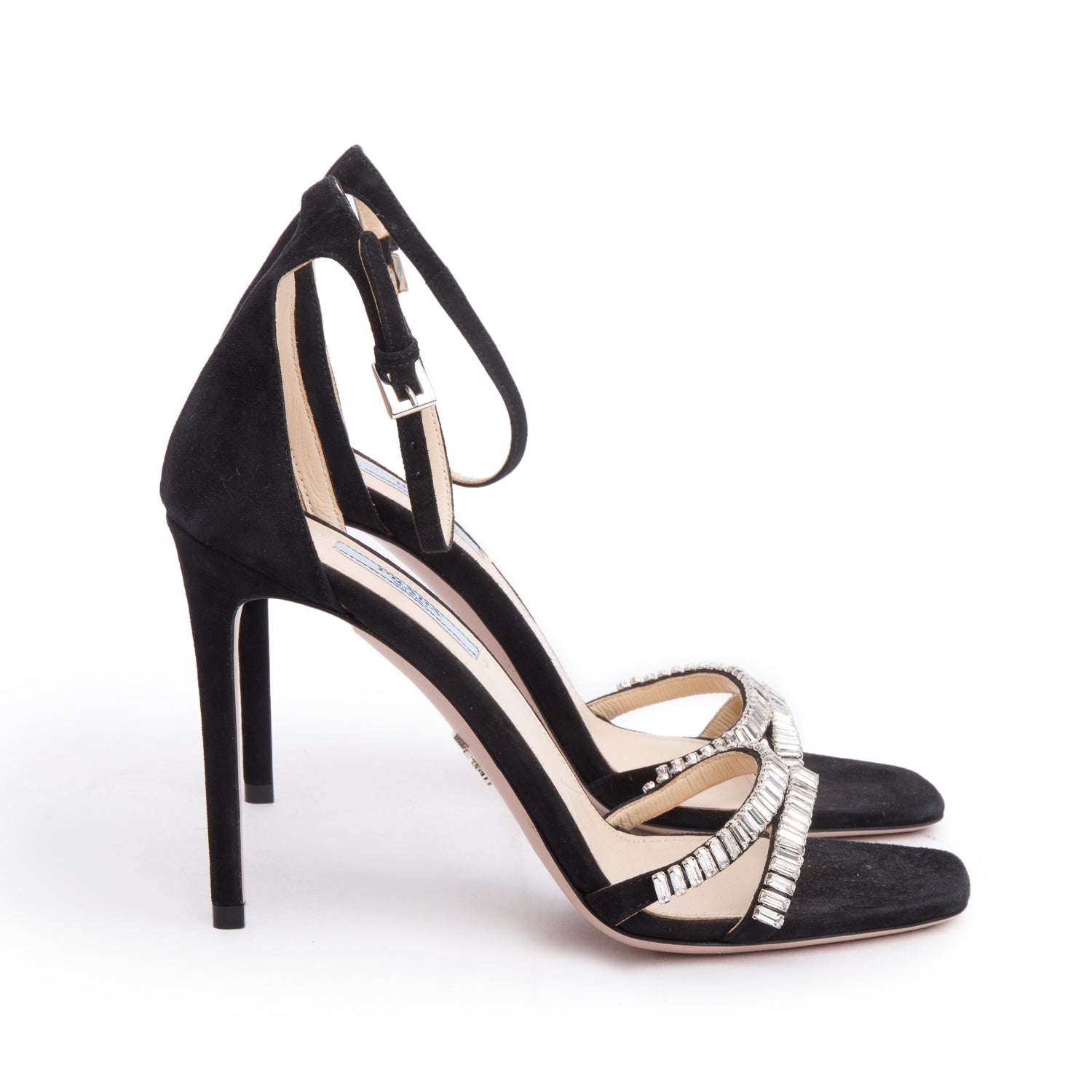 Prada Black Suede Crystal accent Slingback Sandals, Size 37 w/ Box