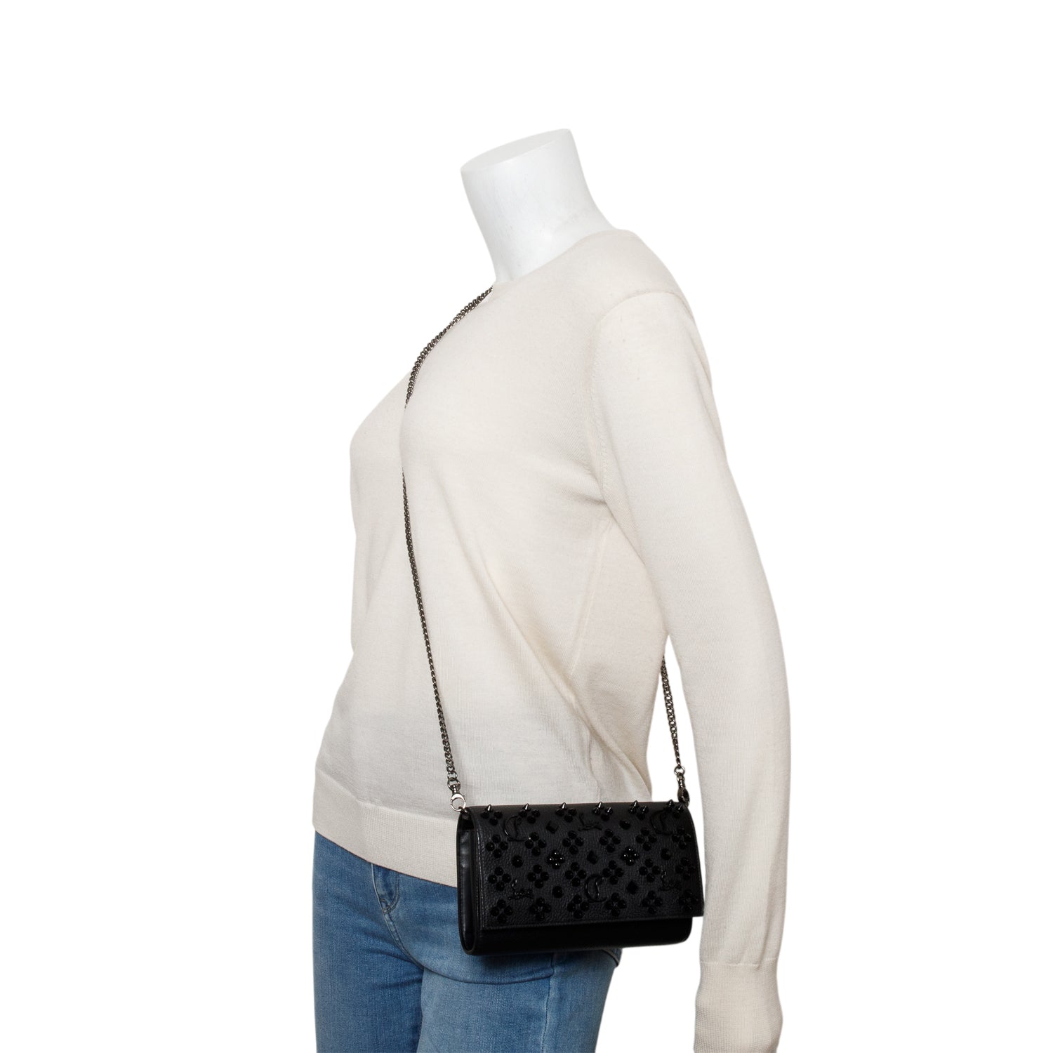 Christian Louboutin Black Calfskin Leather Spike Loubinthesky Paloma Chain Clutch