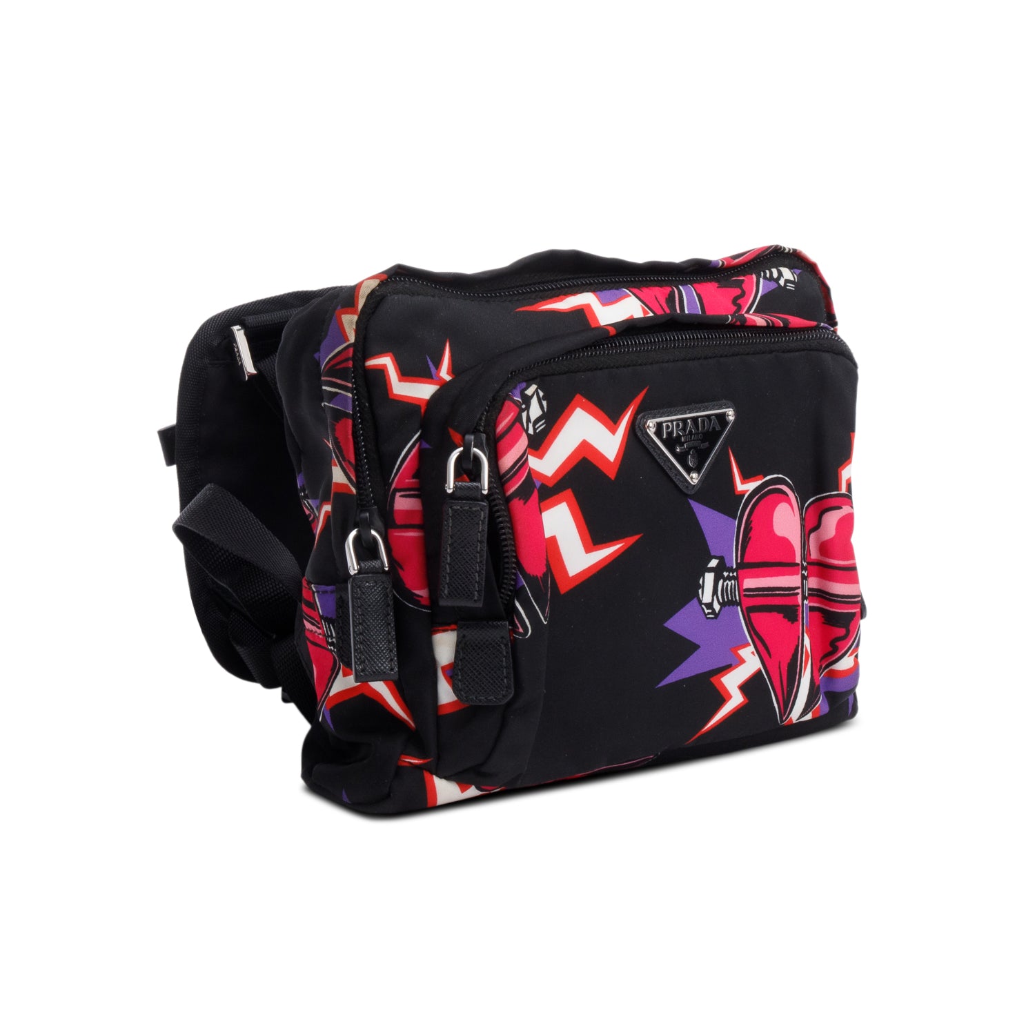 Prada X Universal Studios Black Multicolor Tessuto Nylon Frankenstein Heart Harnes Body Bag
