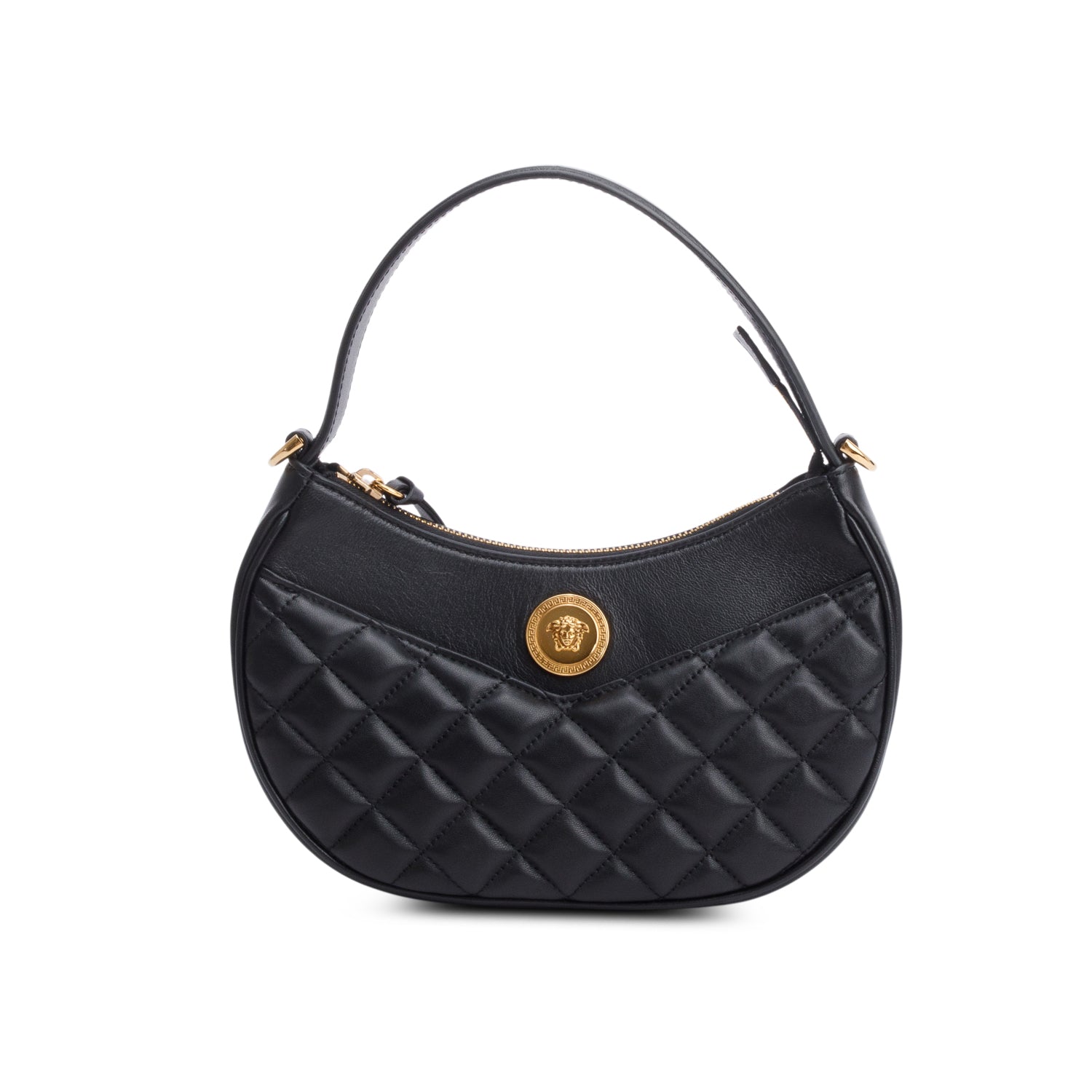 Versace Black Quilted Leather Medusa Half Moon Shoulder Bag w/ Strap
