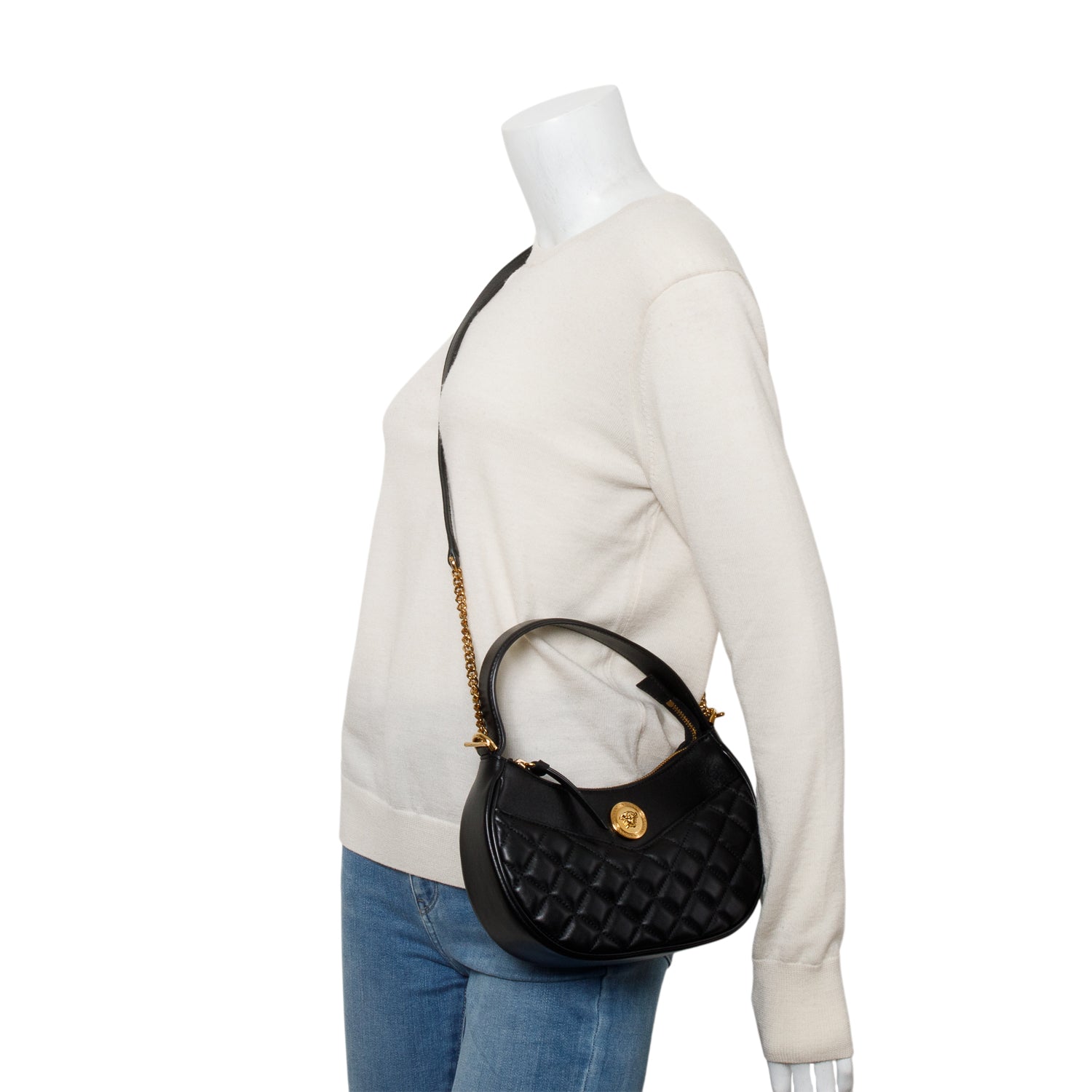 Versace Black Quilted Leather Medusa Half Moon Shoulder Bag w/ Strap