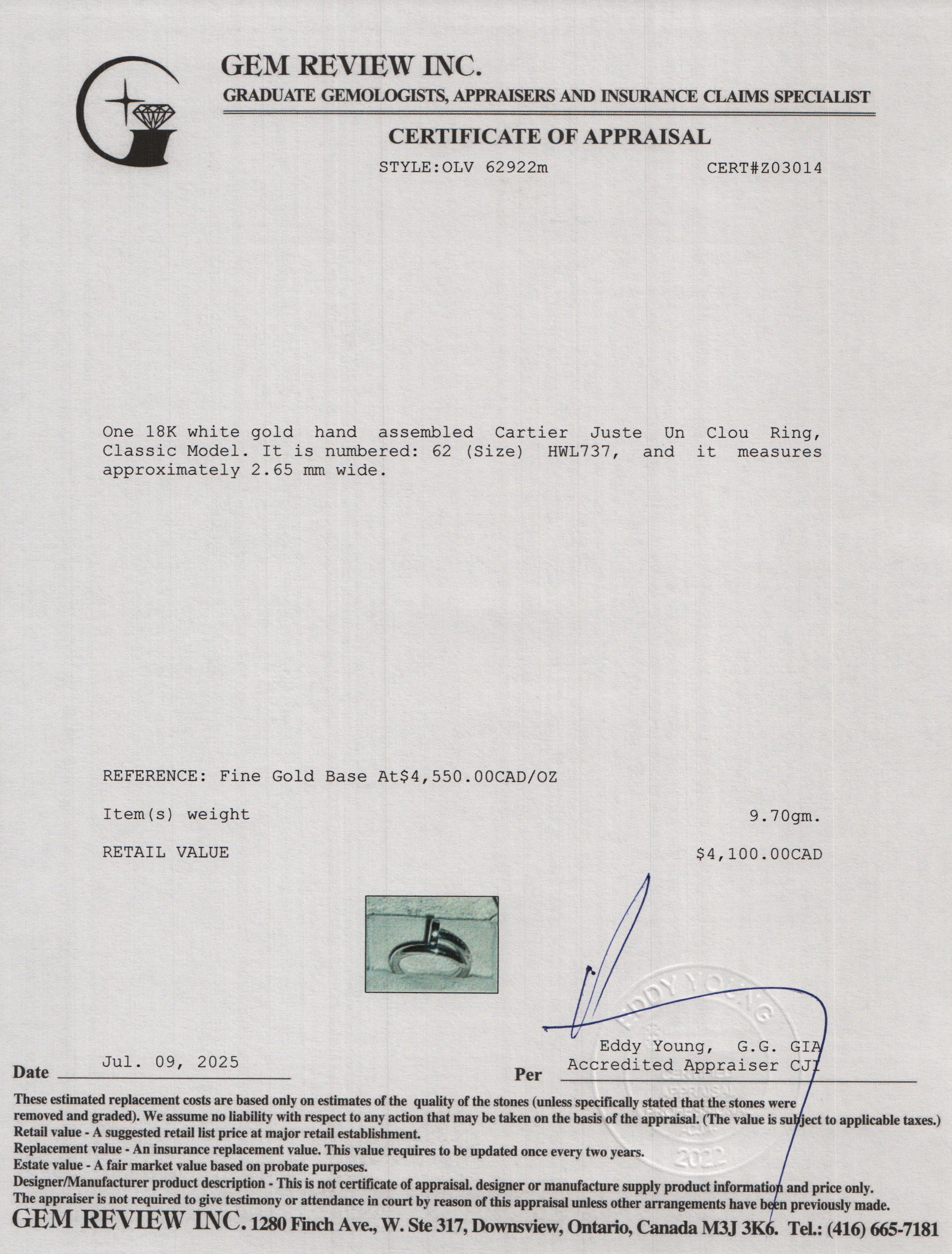 Cartier 18k White Gold Juste Un Clou Ring, Classic Model, Size 62 10 w/ Box, Certificate & Receipt