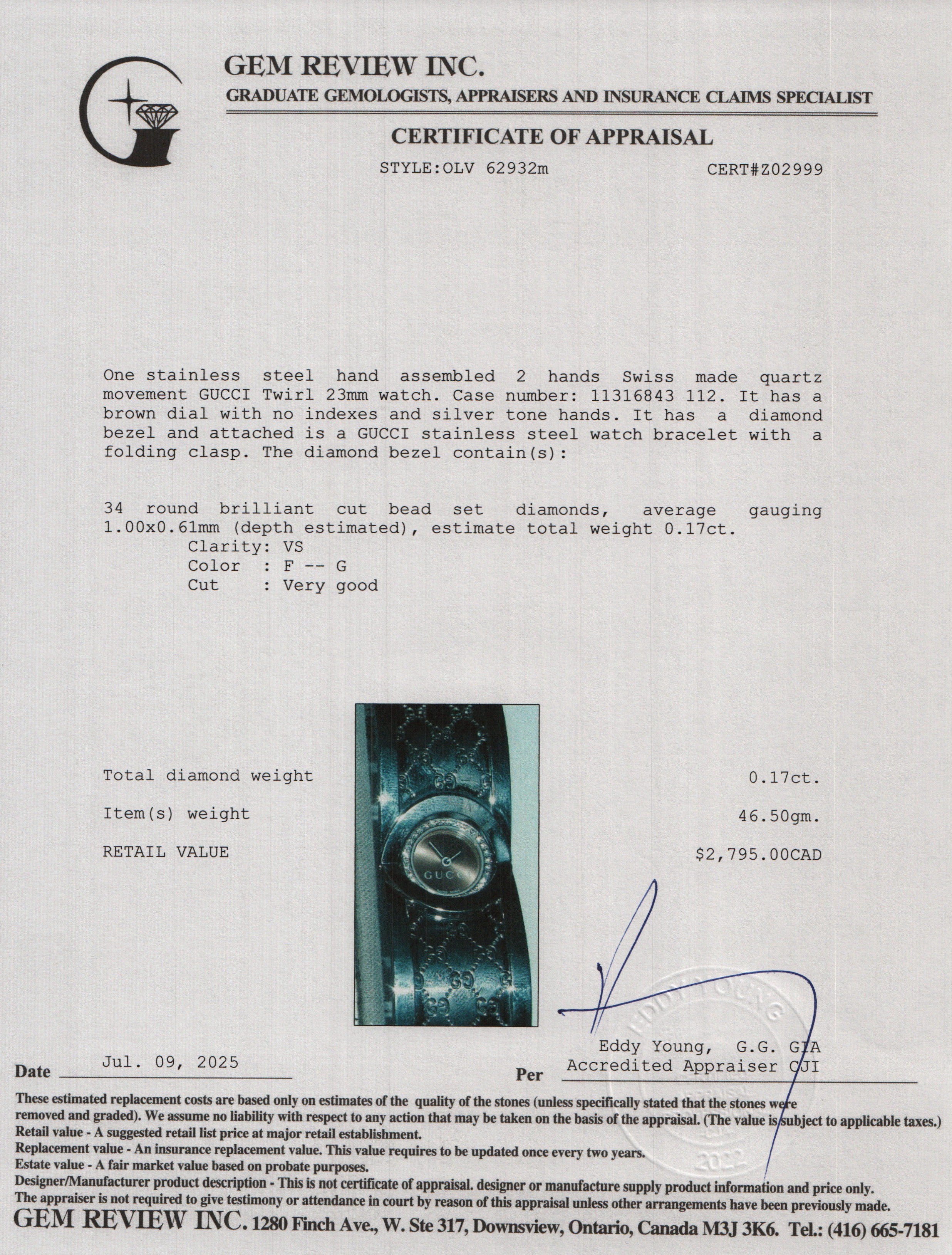 Gucci Stainless Steel Diamond Bezel Twirl Quartz Watch YA112503