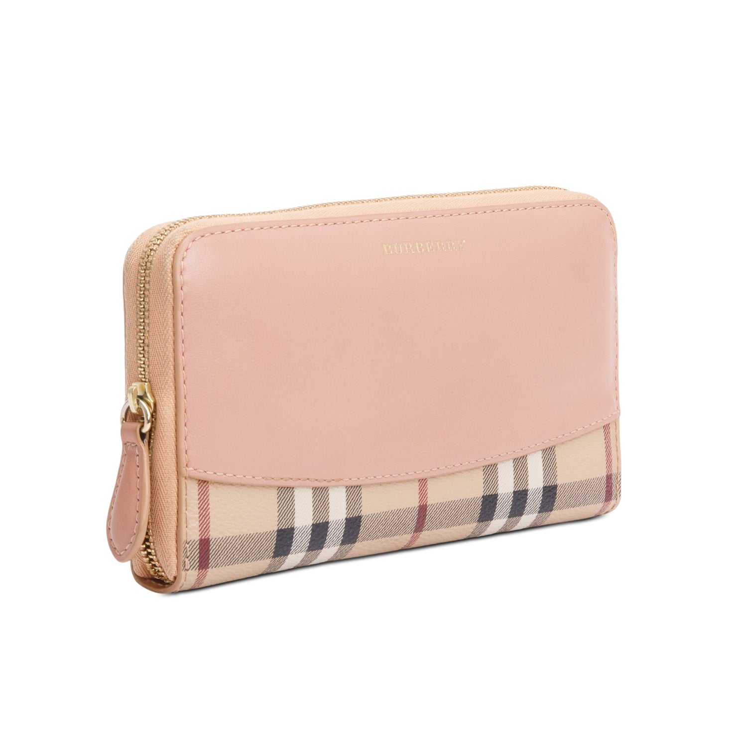 Burberry Check Canvas Pink Leather Trim Derby Continental Zip Wallet