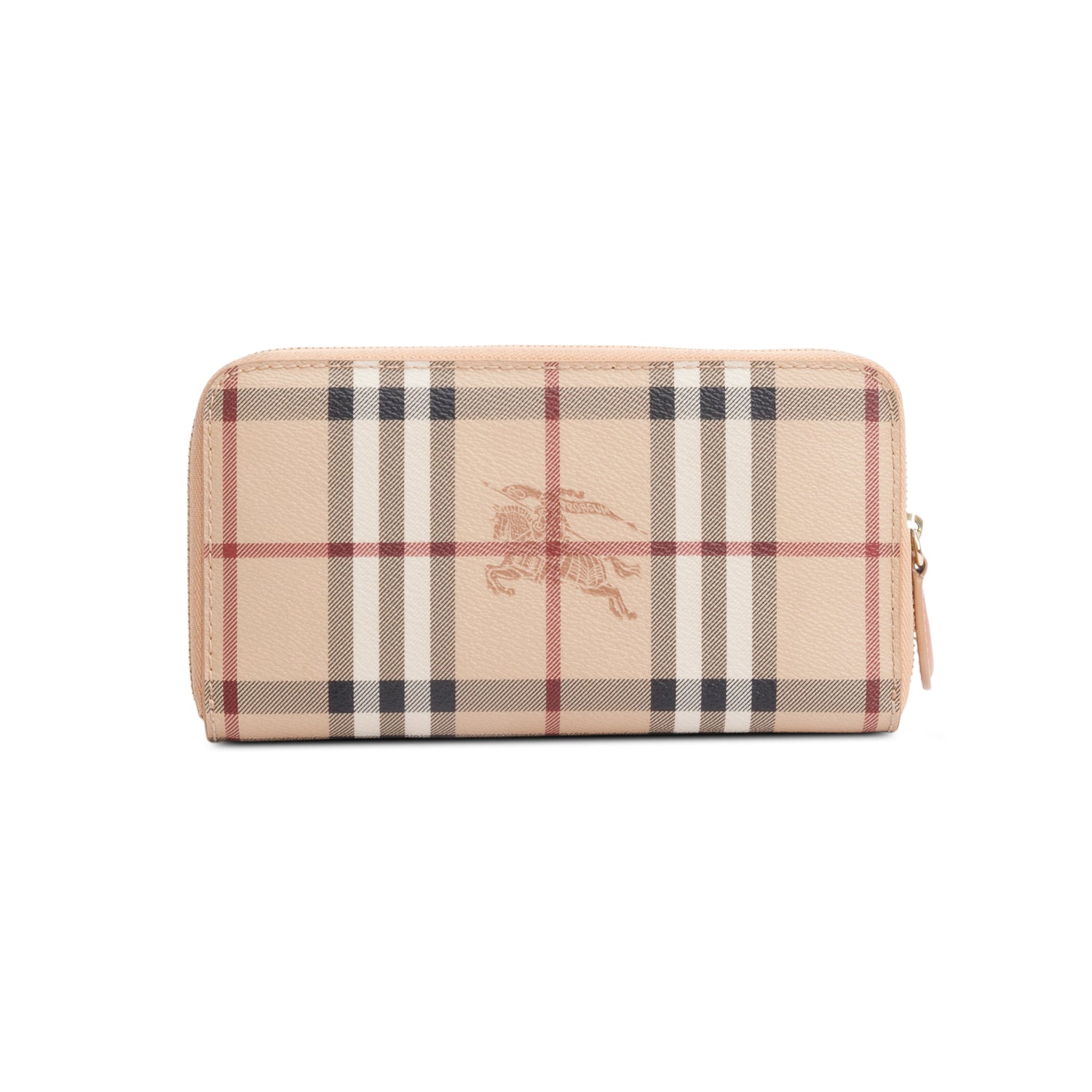 Burberry Check Canvas Pink Leather Trim Derby Continental Zip Wallet