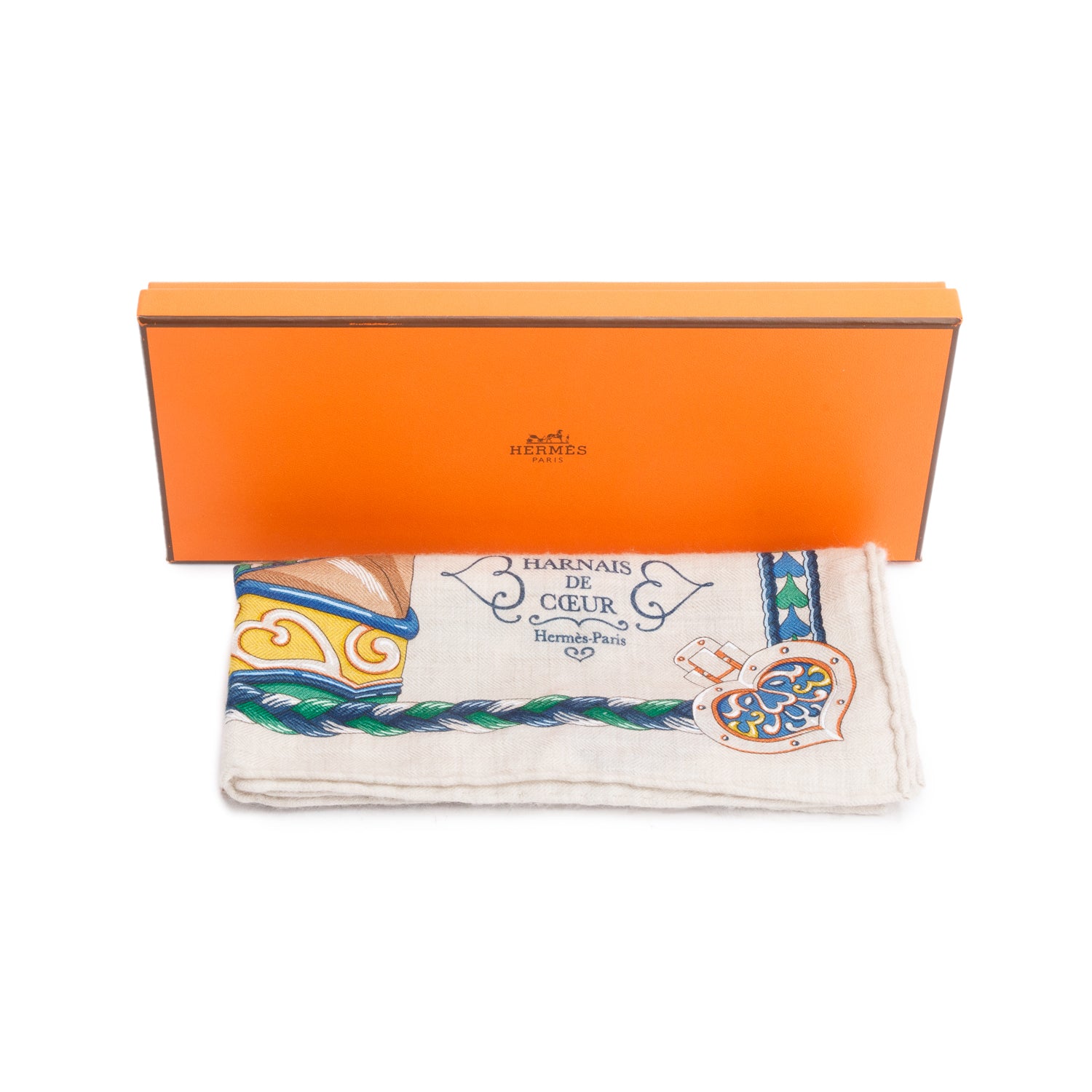 Hermes 2025 Naturel Multicolor 'Harnais De Coeur' Pocket Square Cashmere/Silk Scarf 45 w/ Box & Receipt
