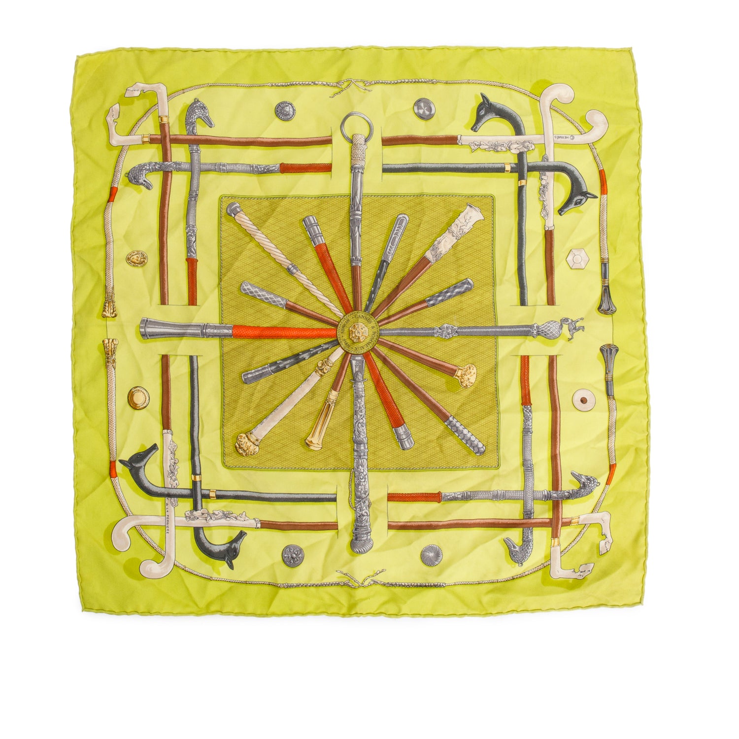 Hermes Green Multicolor 'Cannes & Pommeaux' Pocket Square Silk Scarf 45