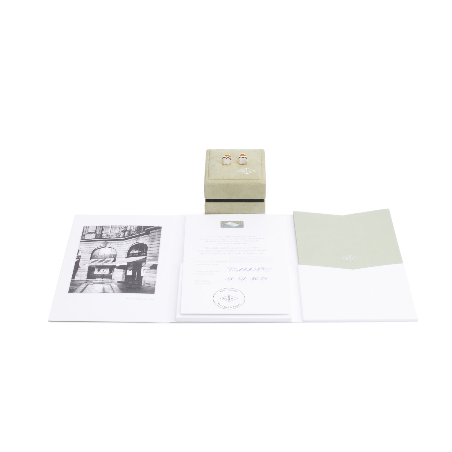 Van Cleef & Arpels 18k Yellow Gold Pure Alhambra Mother of Pearl Stud Earrings w/ Box & Certificate