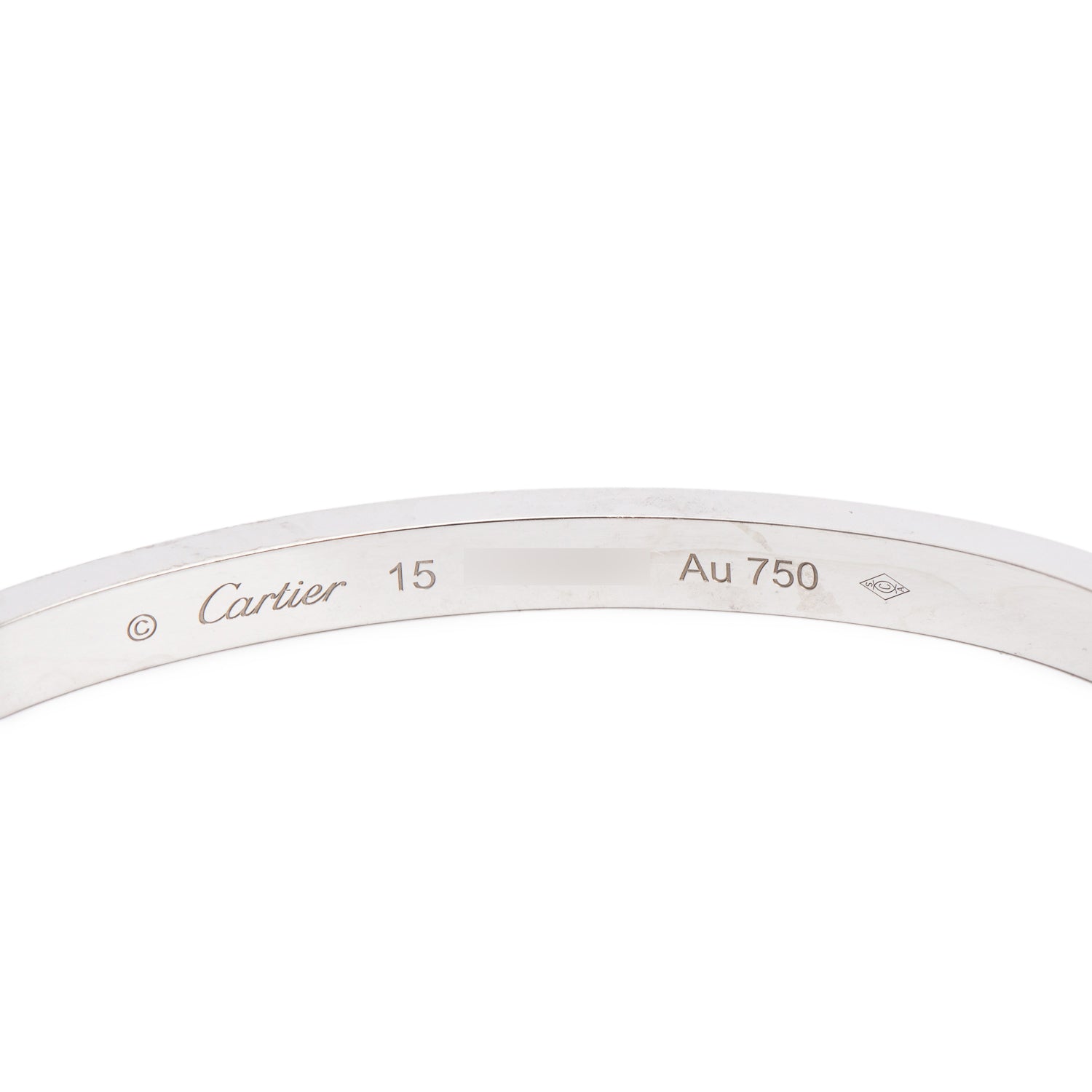 Cartier 18k White Gold 3.65 MM Love Bracelet, Small Model, Size 15 w/ Certificate & Receipt