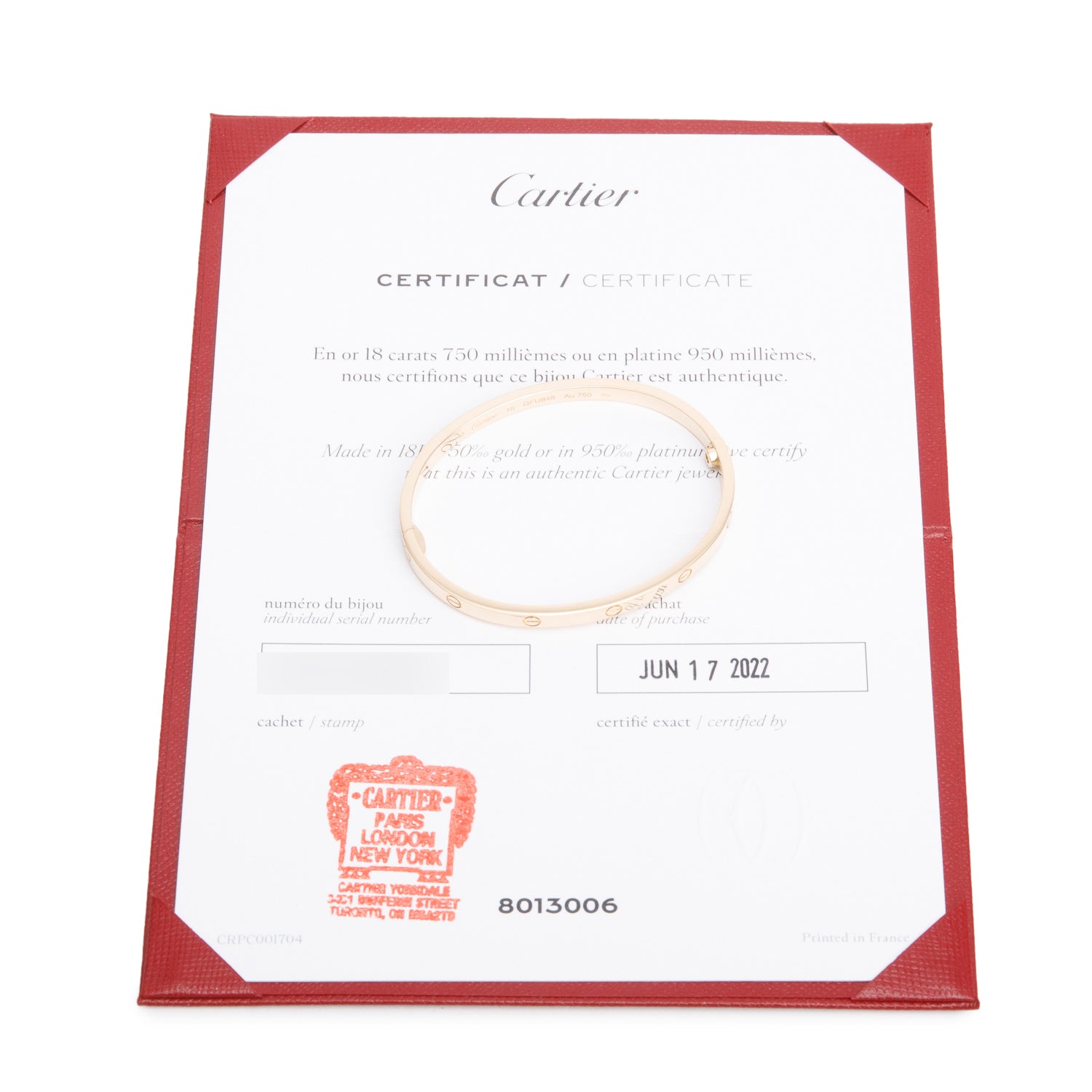 Cartier 18k Yellow Gold 3.65 MM Love Bracelet, Small Model, Size 15 w/ Receipt & Certificate