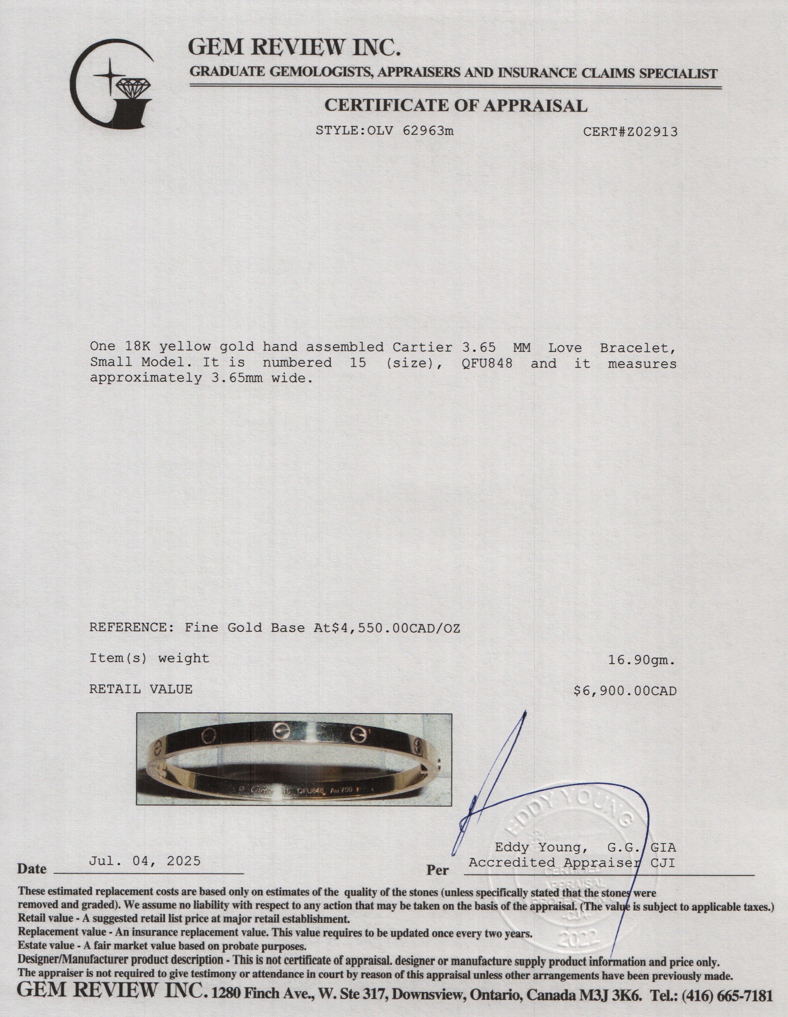 Cartier 18k Yellow Gold 3.65 MM Love Bracelet, Small Model, Size 15 w/ Receipt & Certificate
