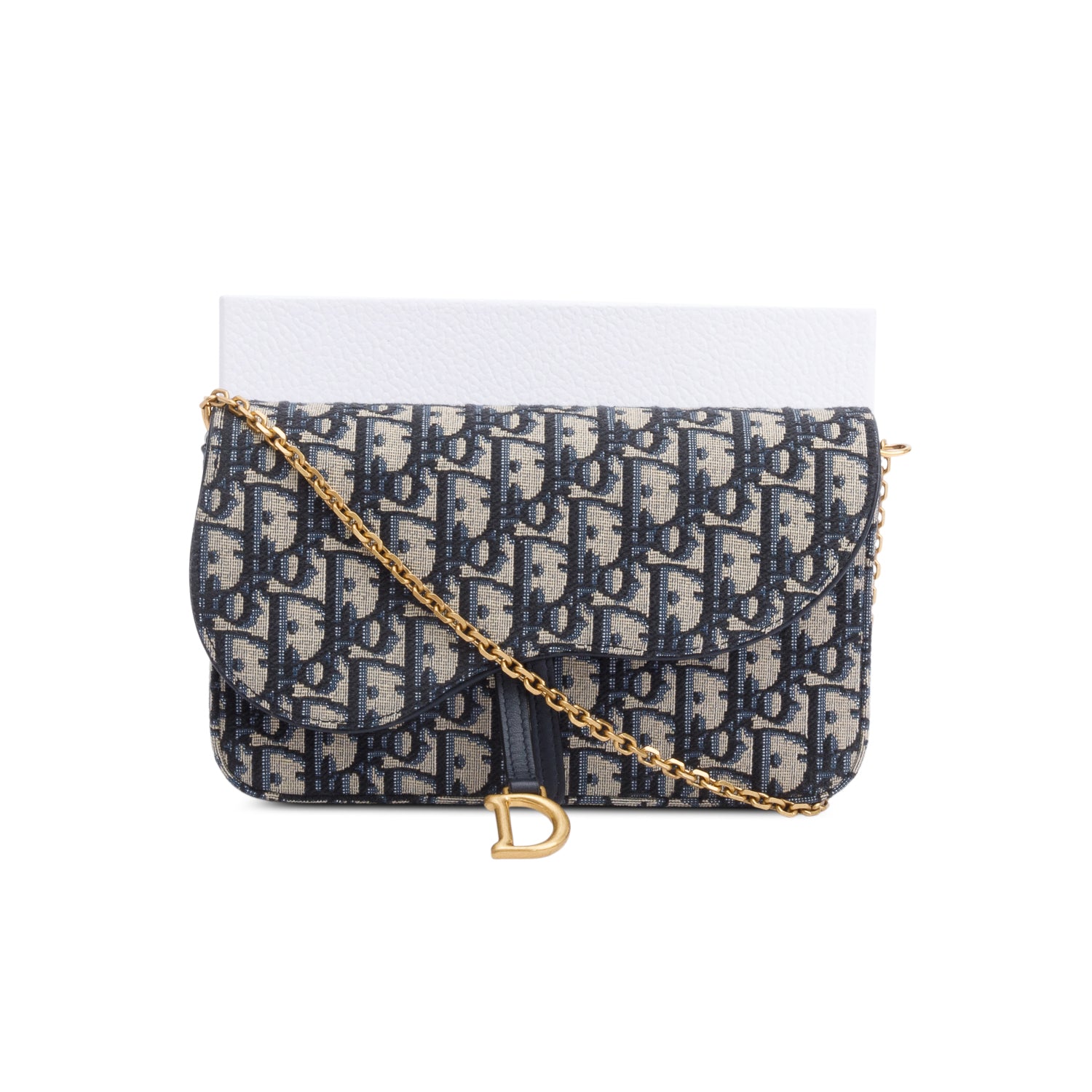 Christian Dior 2023 Oblique Jacquard Medium Saddle Pouch with Chain w/ Box