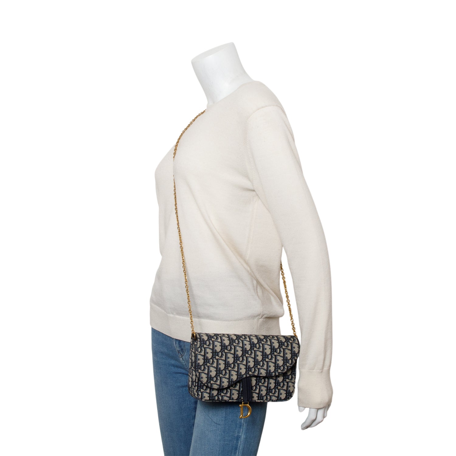 Christian Dior 2023 Oblique Jacquard Medium Saddle Pouch with Chain w/ Box