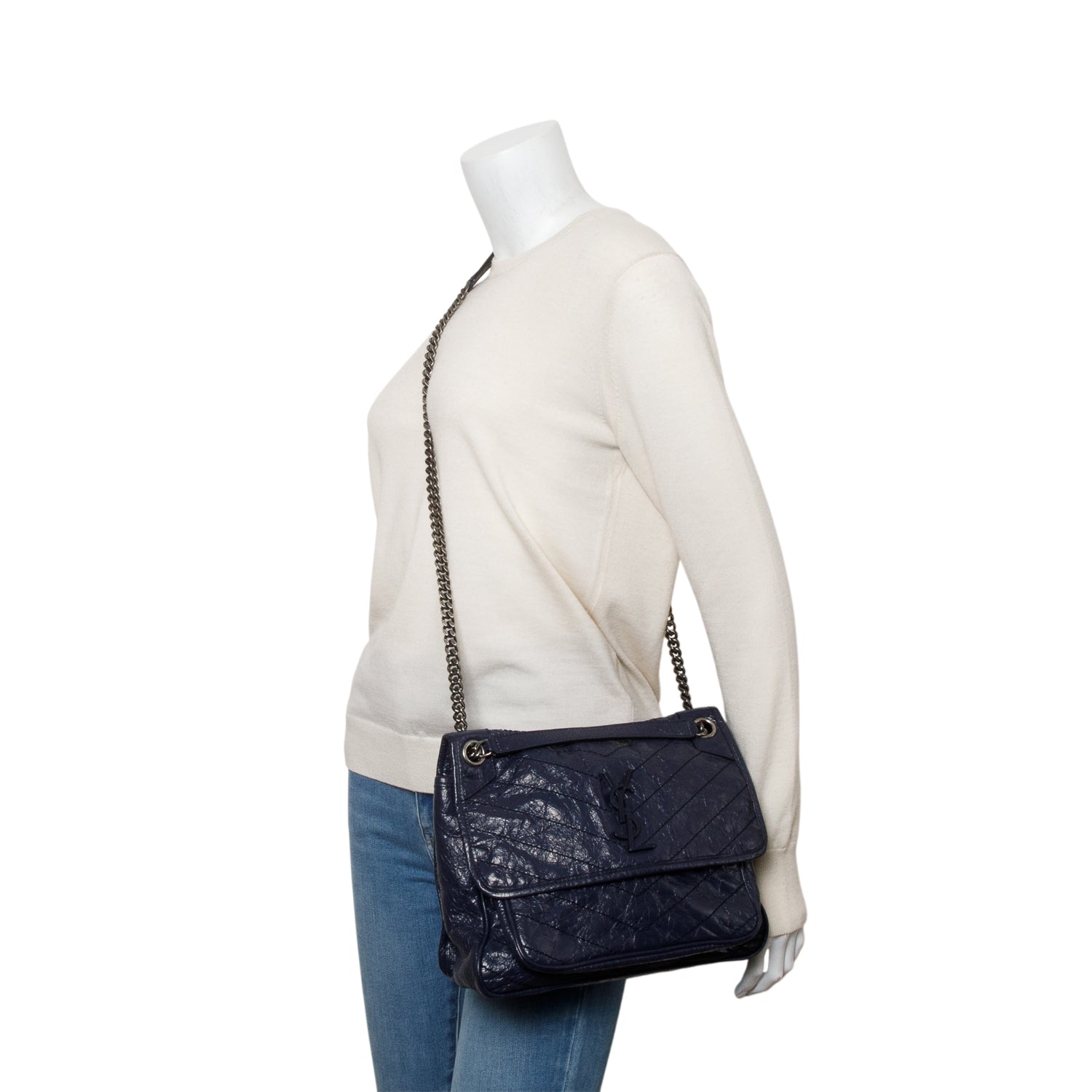 Saint Laurent Blue Crinkled Calfskin Leather Medium Niki Shoulder Bag