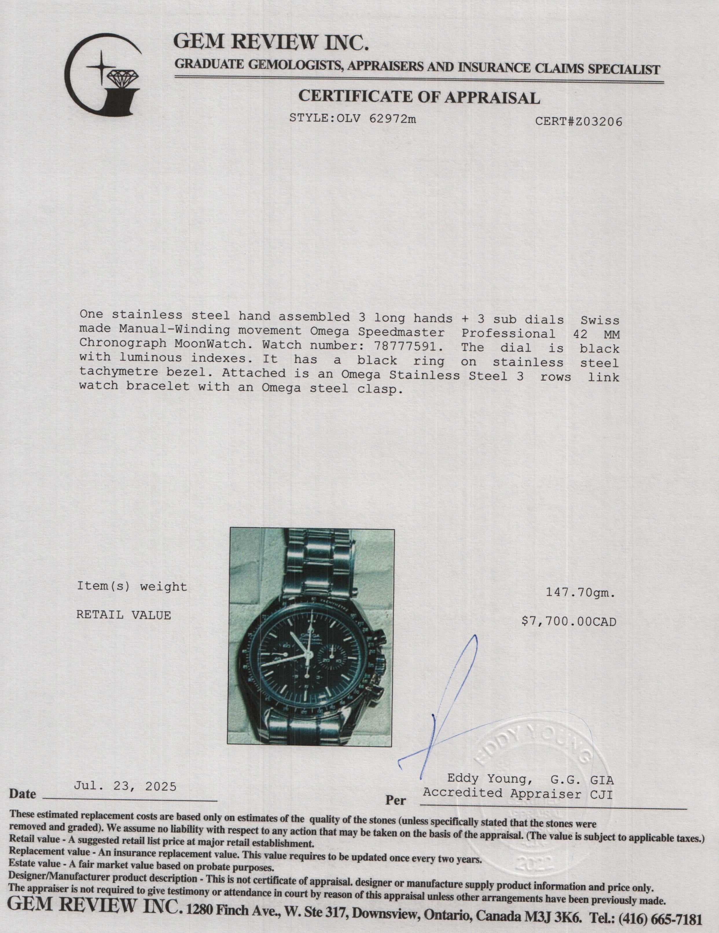 Omega Stainless Steel Speedmaster Moonwatch Professional 42 MM Watch w/ Box & Papers