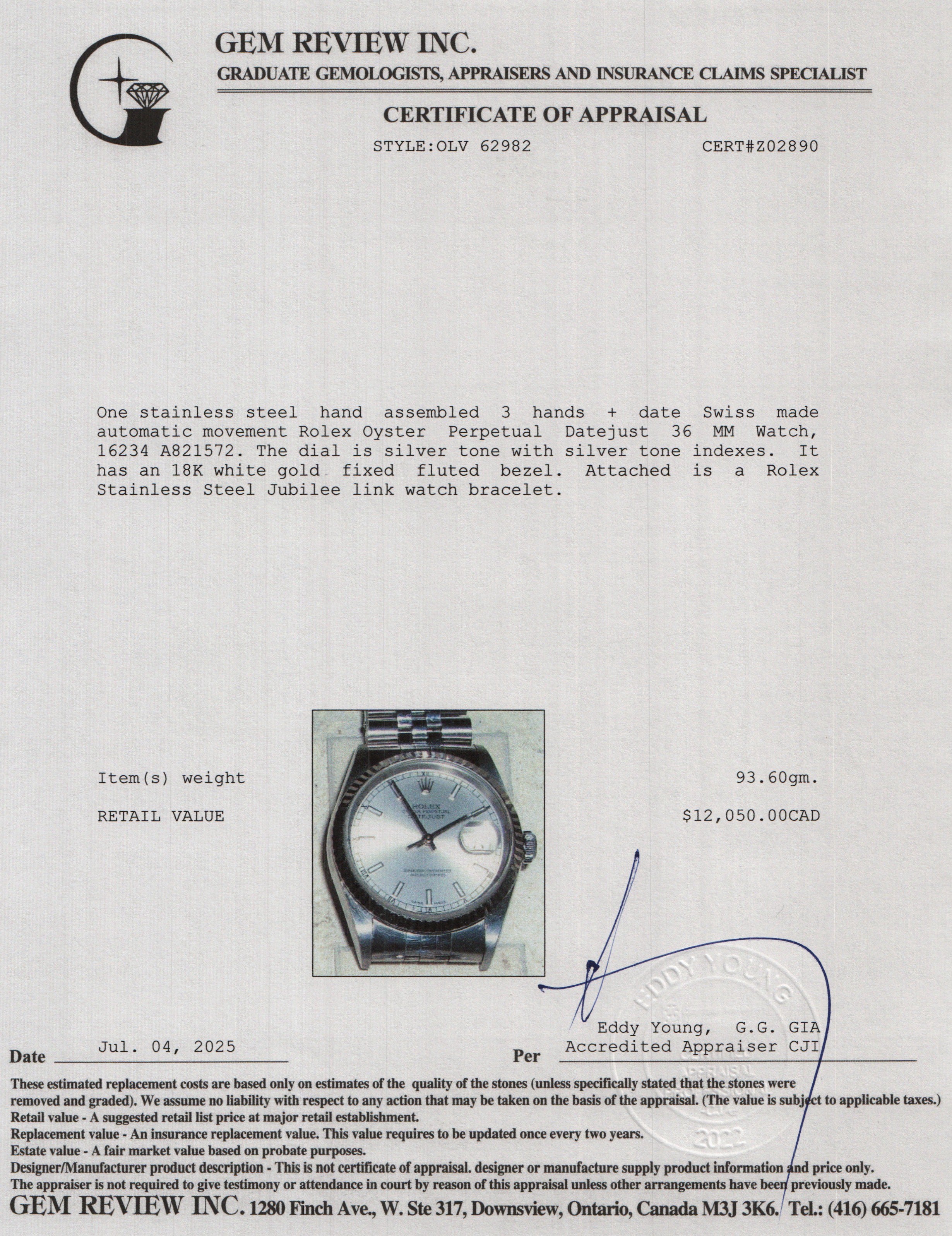 Rolex Stainless Steel Oyster Perpetual Datejust 36 MM Silver Dial Watch 16234 w/ Box