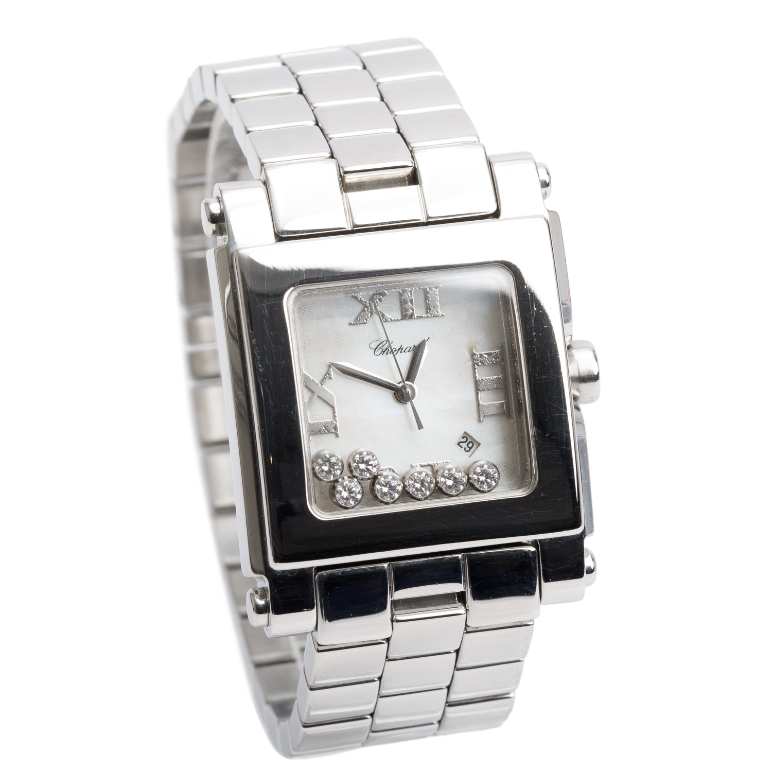 Chopard Stainless Steel Diamond Mother of Pearl Dial Happy Sport Square Quartz Watch 8495