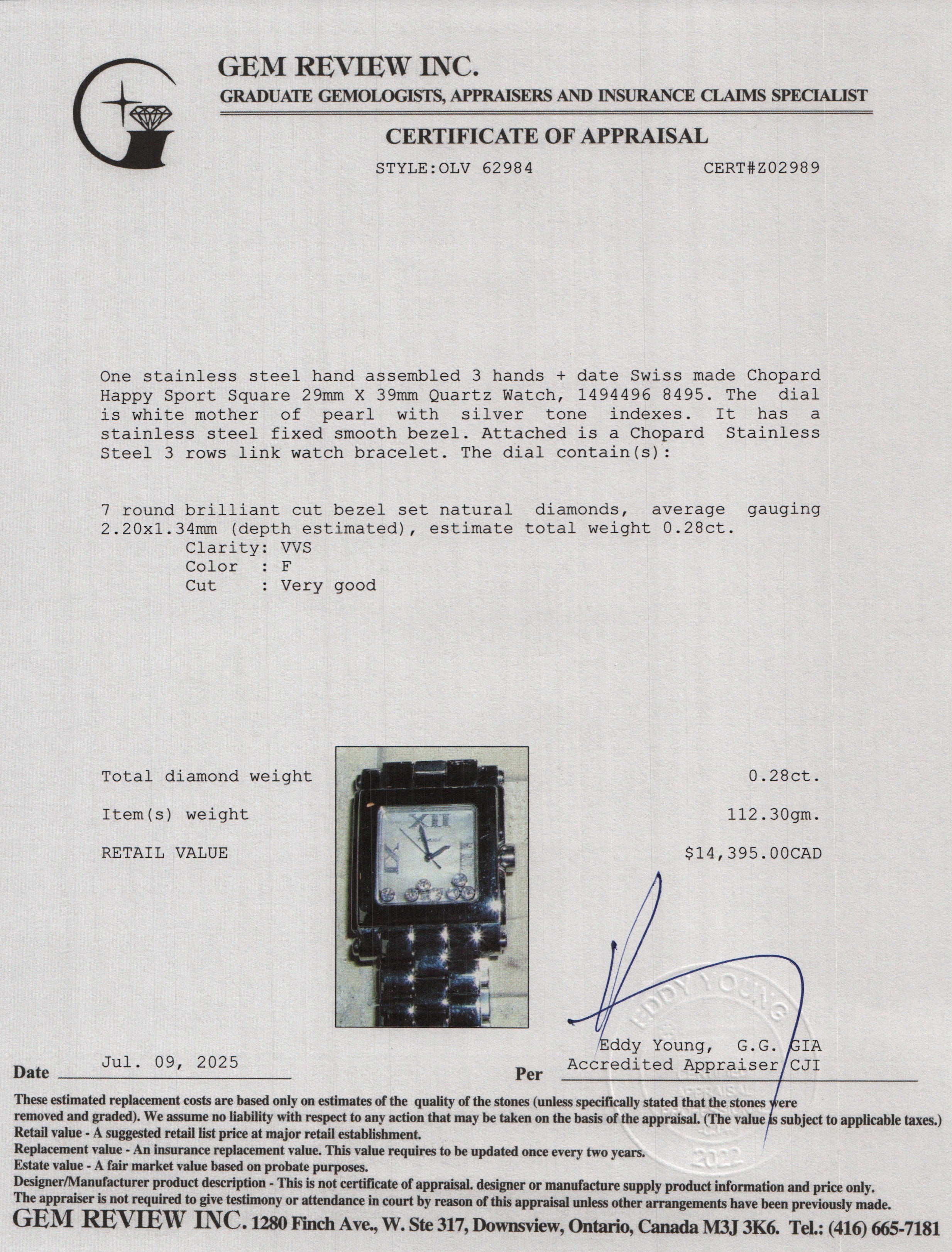 Chopard Stainless Steel Diamond Mother of Pearl Dial Happy Sport Square Quartz Watch 8495