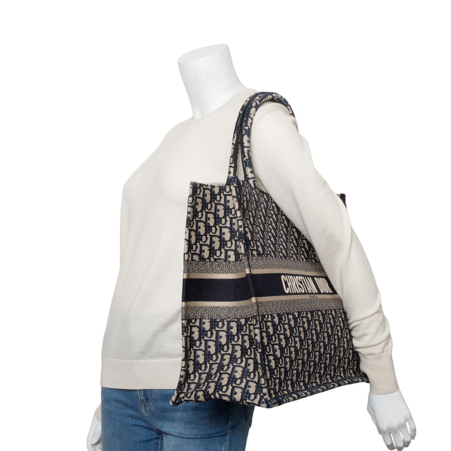 Christian Dior Ecru and Blue Dior Oblique Embroidery Large Book Tote