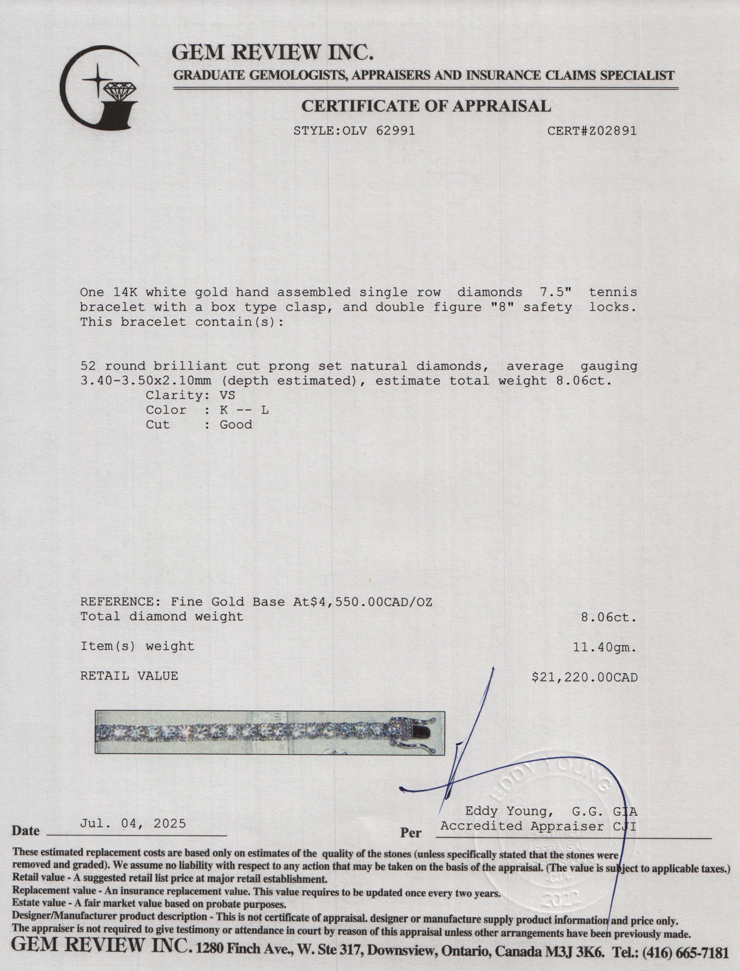 14k White Gold 8.06 tcw. Diamond Tennis Bracelet