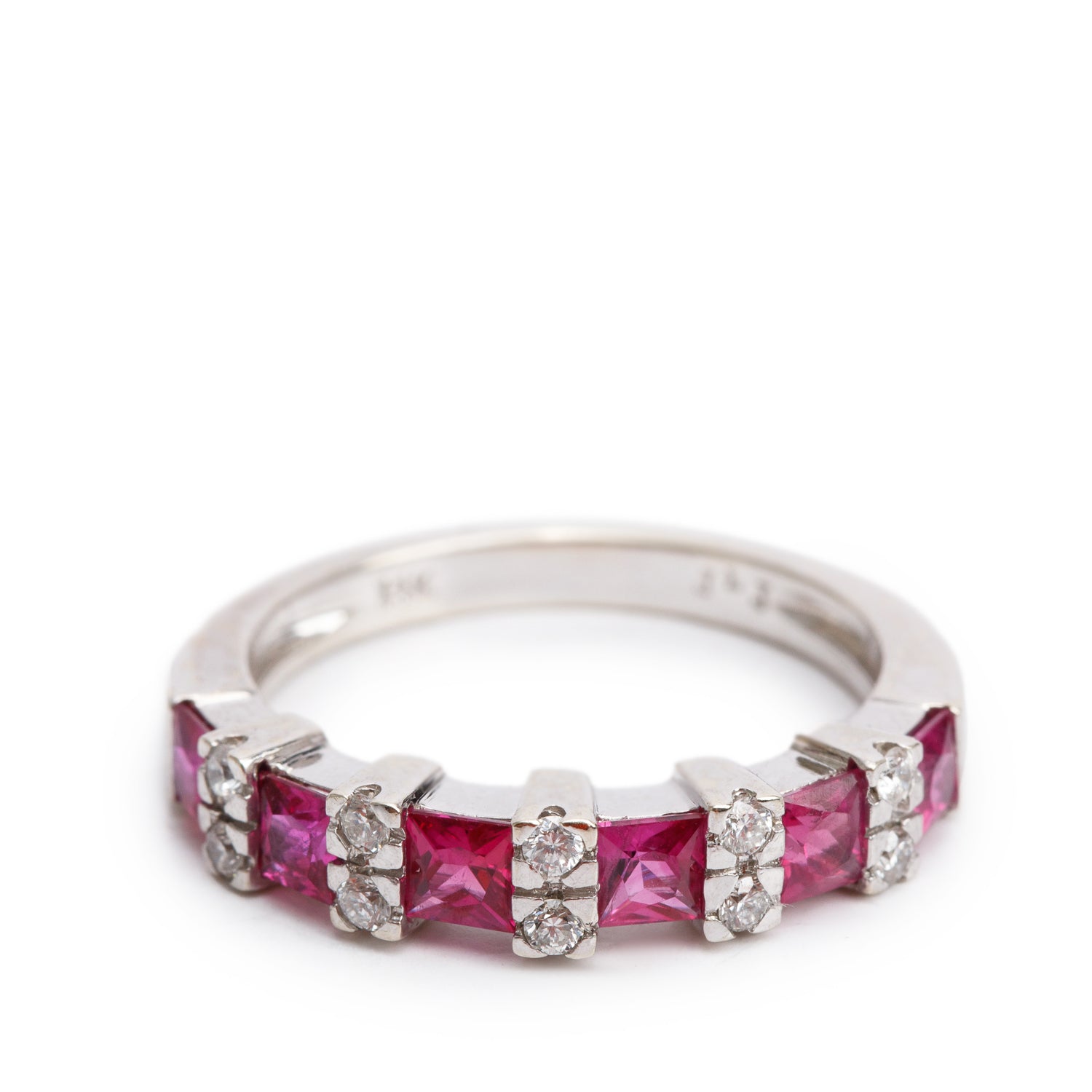 14k White Gold Ruby and Diamond Band Ring, Size 7