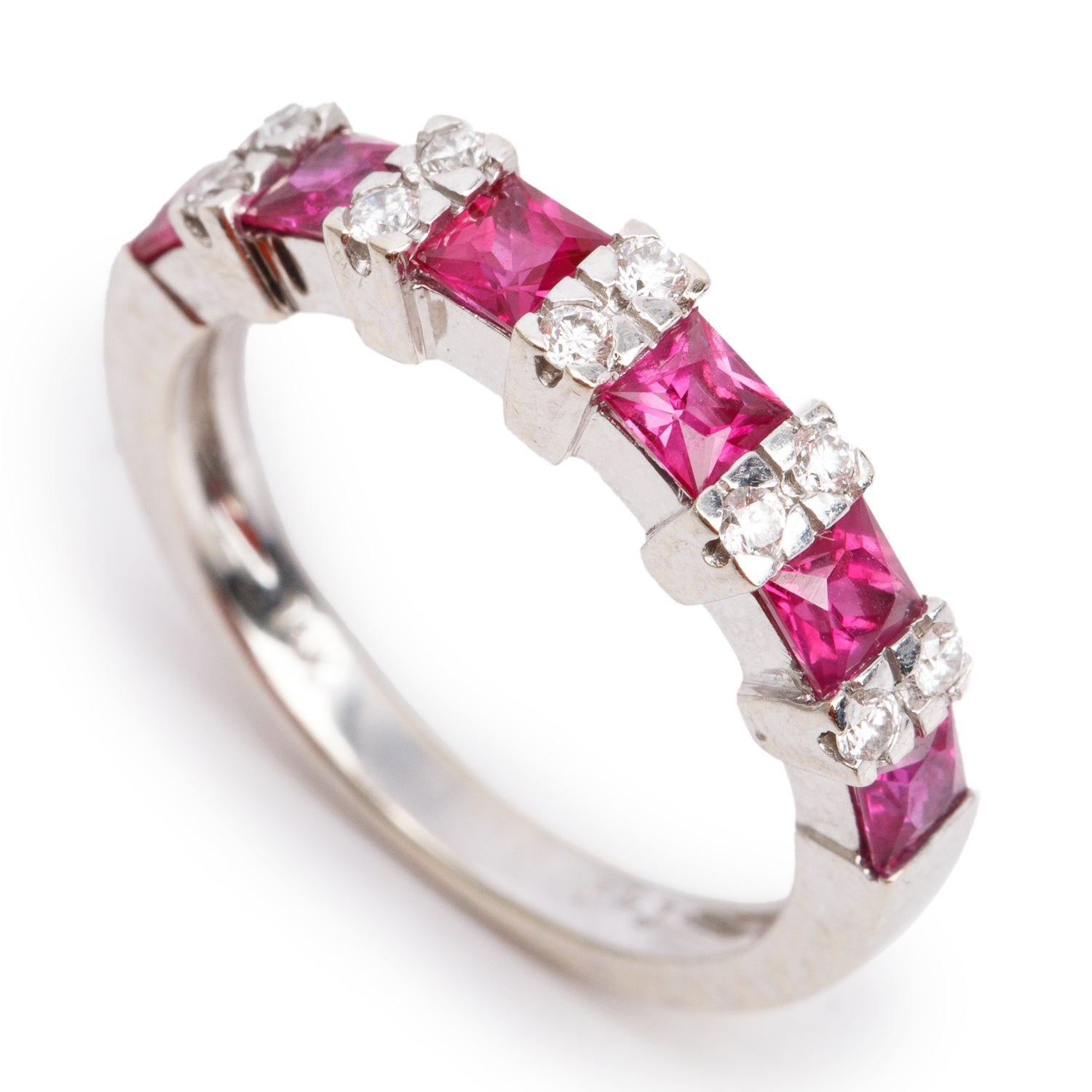 14k White Gold Ruby and Diamond Band Ring, Size 7
