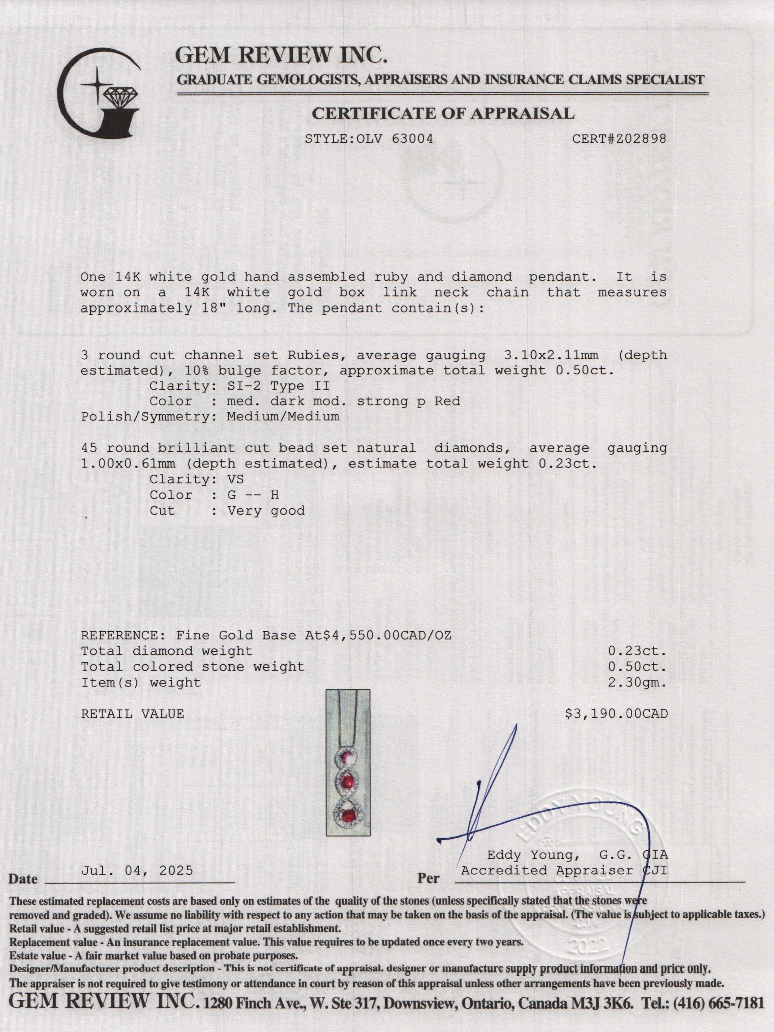 14k White Gold Ruby & Diamond Drop Pendant Necklace