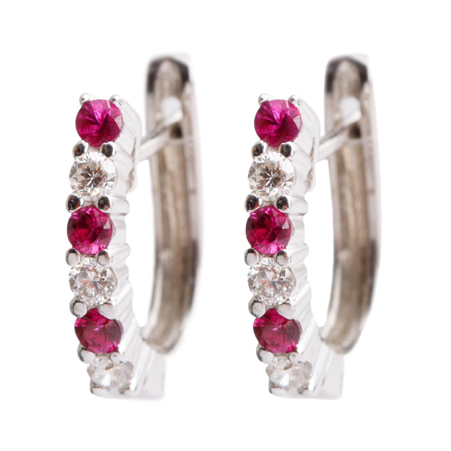 14k White Gold Ruby & Diamond Huggie Earrings