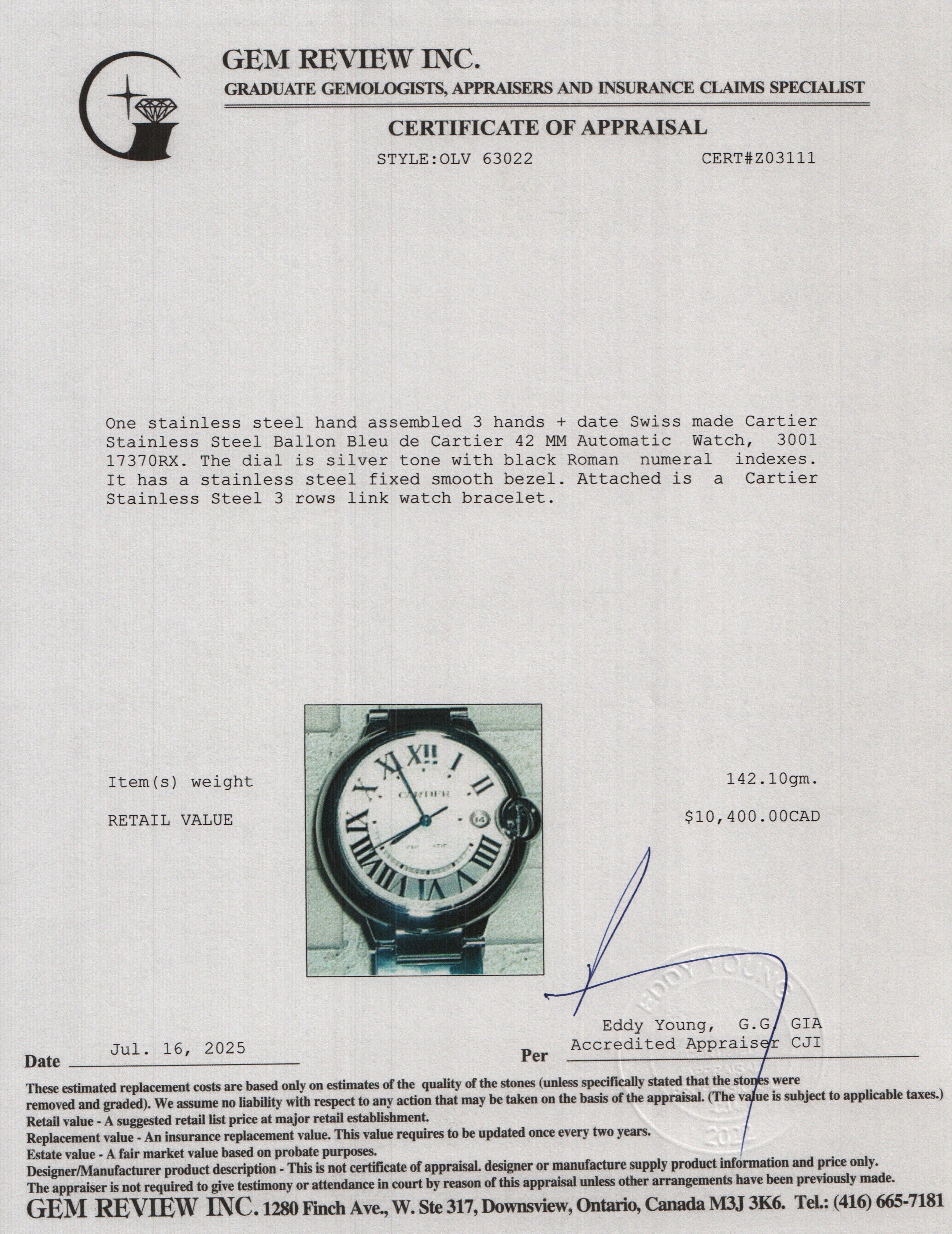 Cartier Stainless Steel Ballon Bleu de Cartier 42 MM Automatic Watch 3001 w/ Box