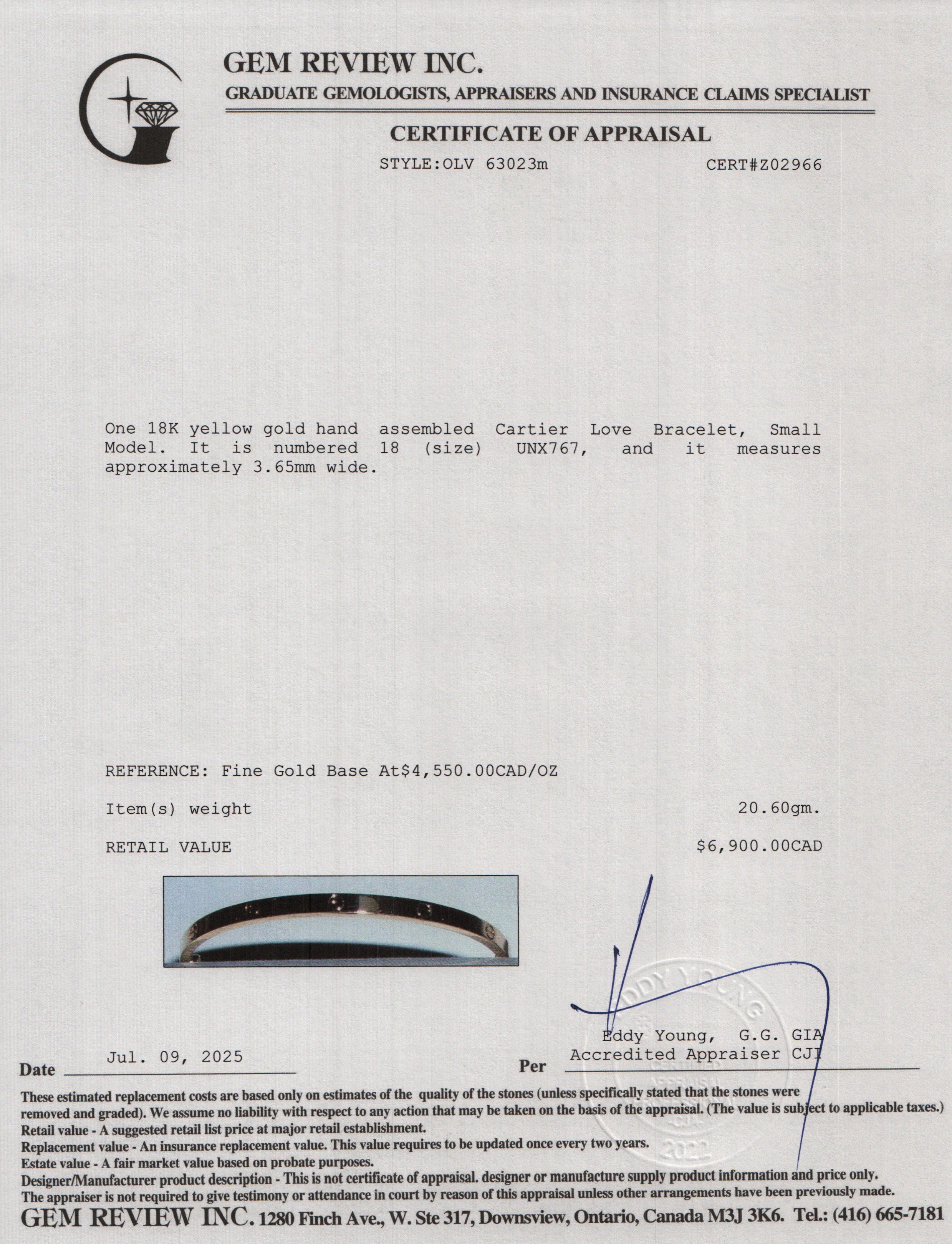 Cartier 2023 18k Yellow Gold 3.65 MM Love Bracelet, Small Model, Size 18 w/ Box & Certificate