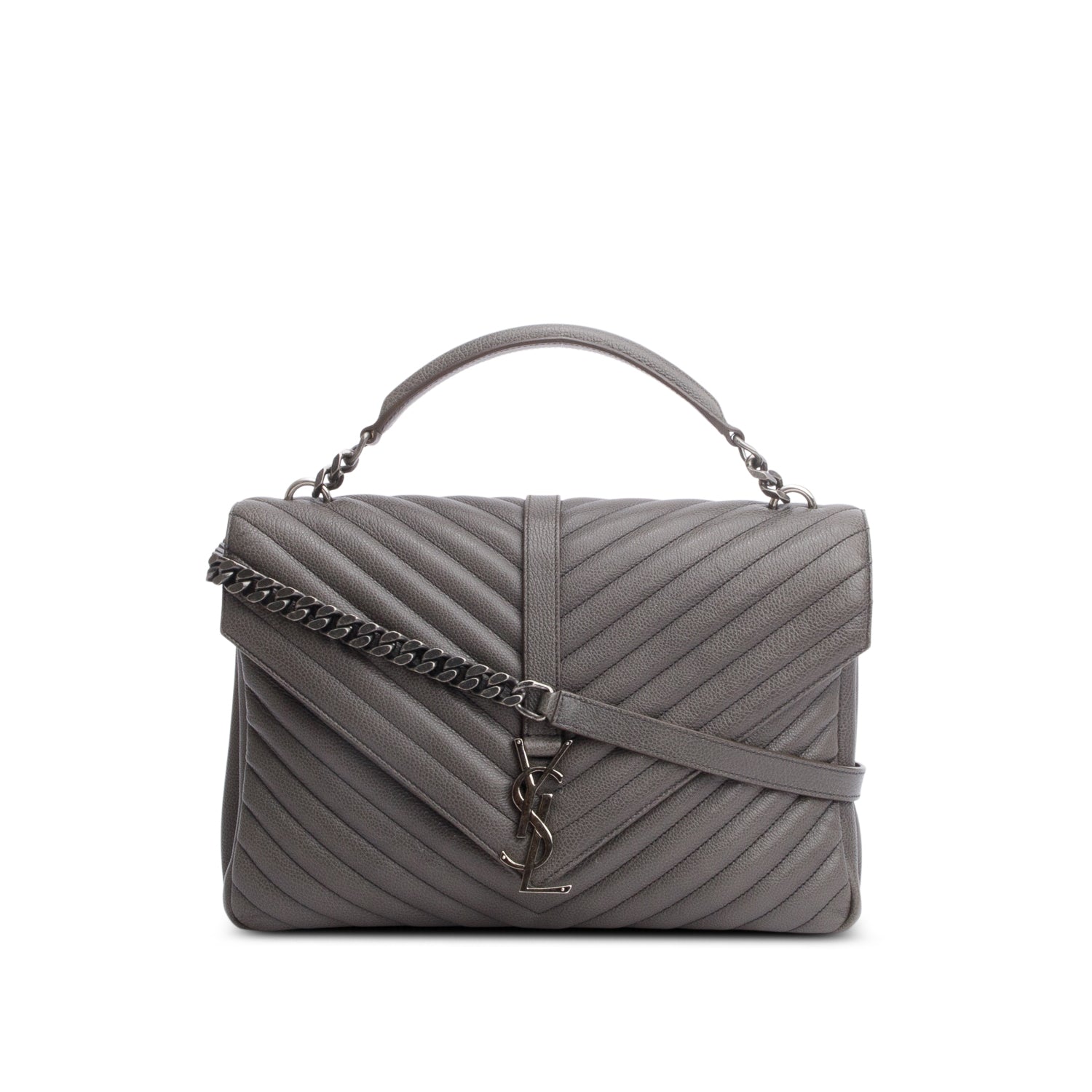 Saint Laurent Grey Leather Large Chevron College Bag